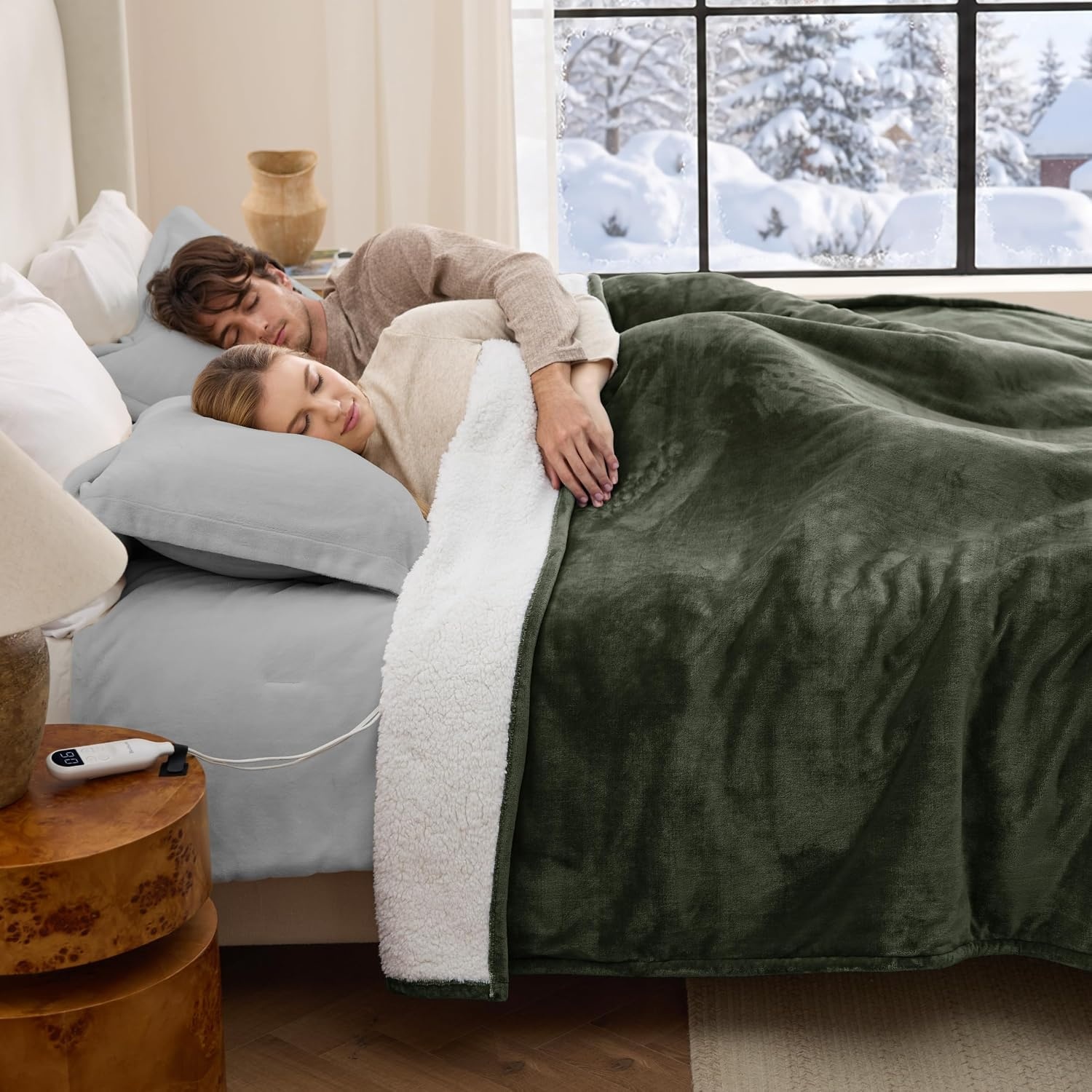 image:imageBedsure HeatX Heated Throw Blanket Electric Blanket with Preheat Grey04 Olive Green