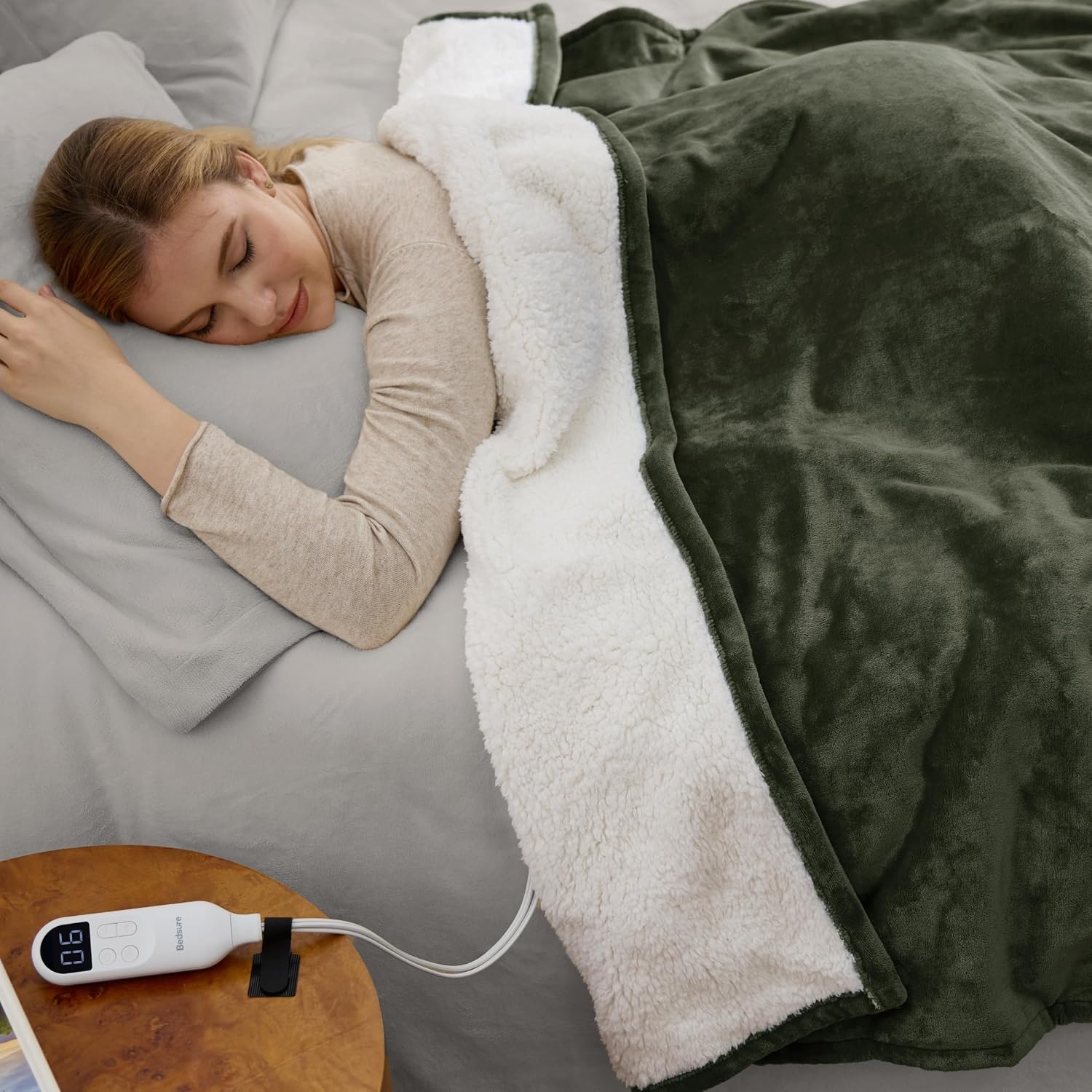 image:imageBedsure HeatX Heated Throw Blanket Electric Blanket with Preheat Grey04 Olive Green