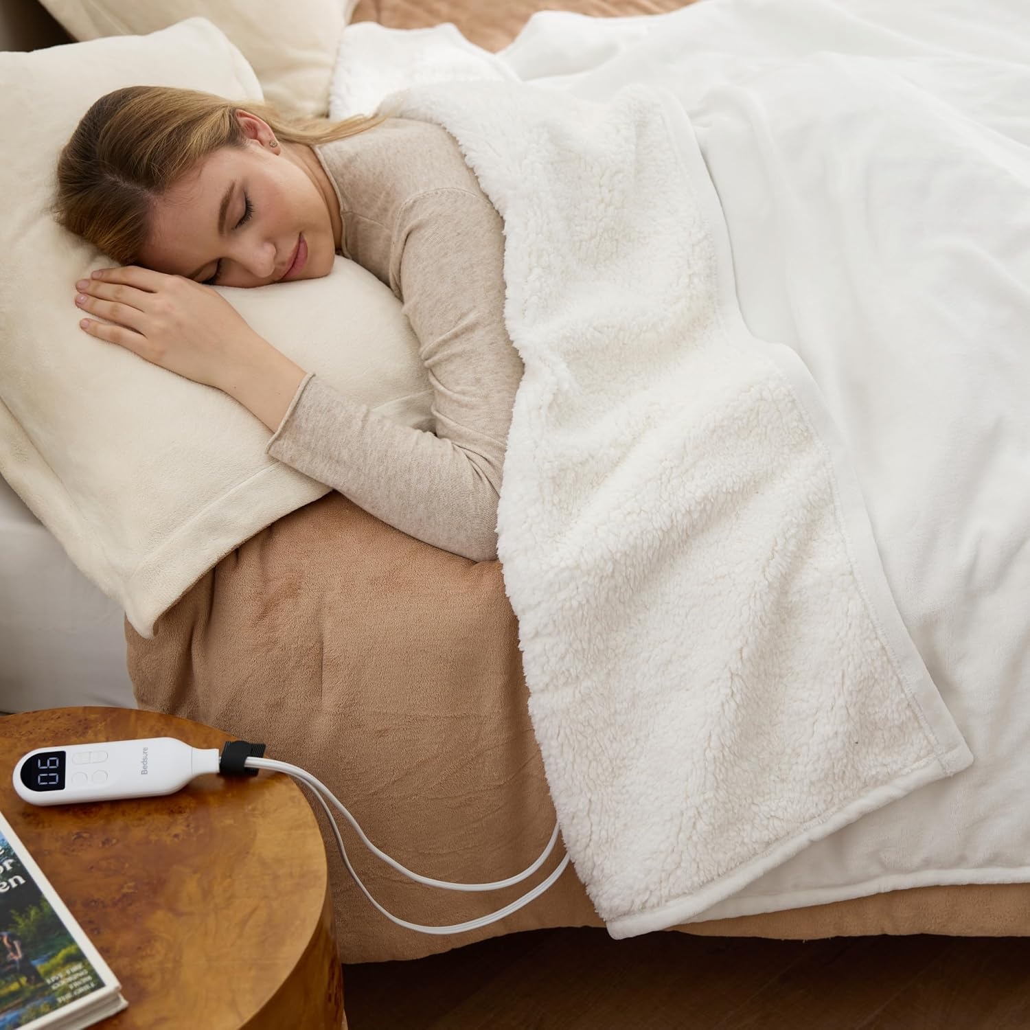image:imageBedsure HeatX Heated Throw Blanket Electric Blanket with Preheat Grey05 Coconut White
