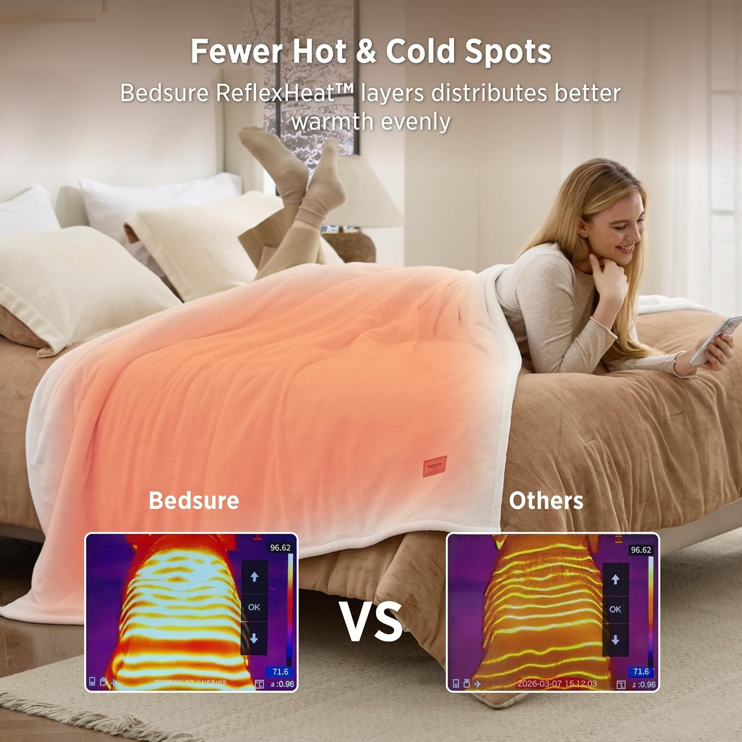 image:imageBedsure HeatX Heated Throw Blanket Electric Blanket with Preheat Grey05 Coconut White