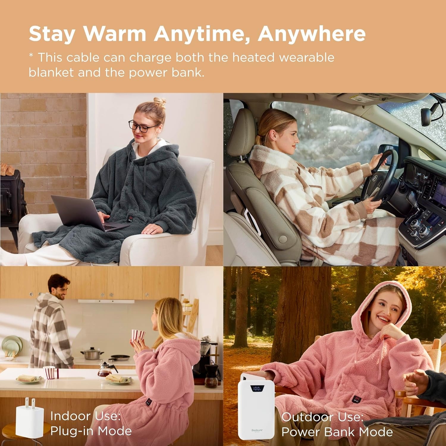image:imageBedsure Portable Heated Wearable Blanket Hoodie Faux Cashmere Electric Blanket with 20000mAh Battery Pack Cordless USB Heated Throw Winter Gifts for Women 4 Heat Levels amp 4 Timers 22x43 Grey