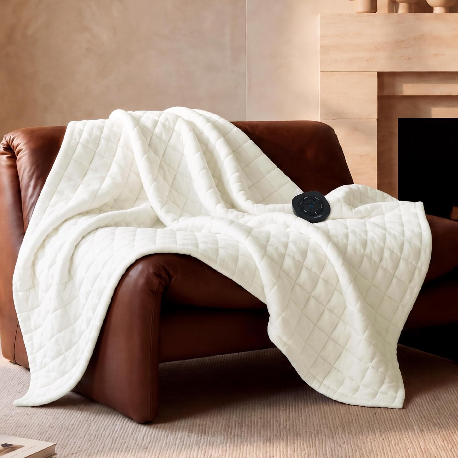 image:imageBedsure Quilted Heated Blanket Queen Size Filled for Extra Warmth Taupe01 Ivory Square