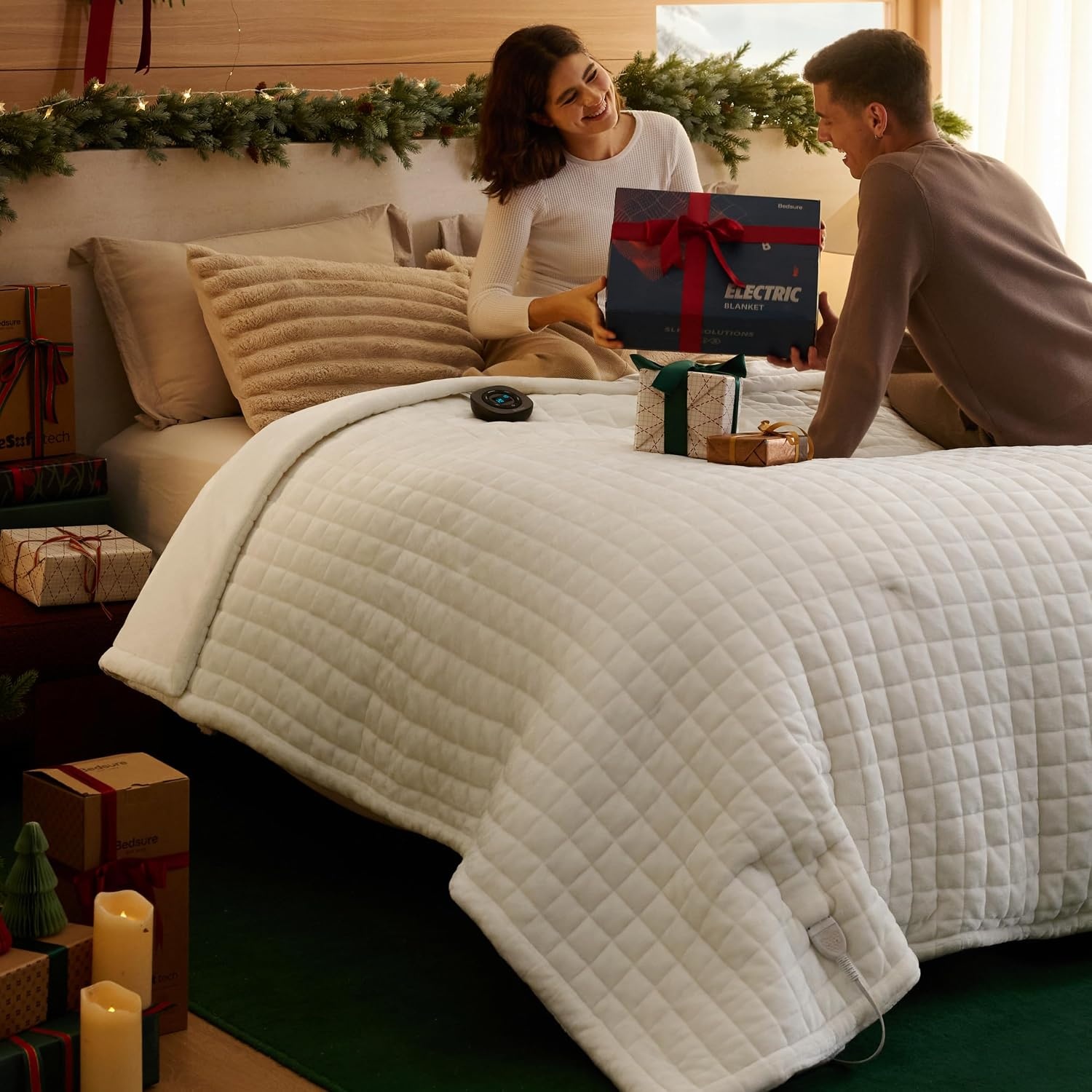 image:imageBedsure Quilted Heated Blanket Queen Size Filled for Extra Warmth Taupe01 Ivory Square