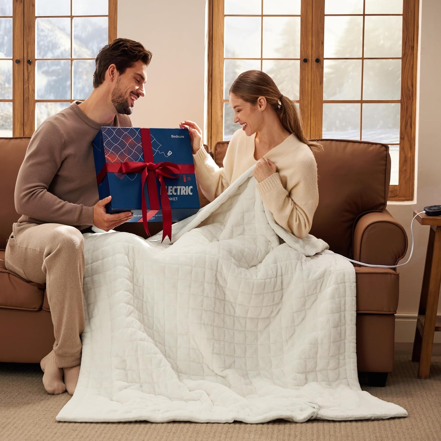 image:imageBedsure Quilted Heated Blanket Queen Size Filled for Extra Warmth Taupe01 Ivory Square