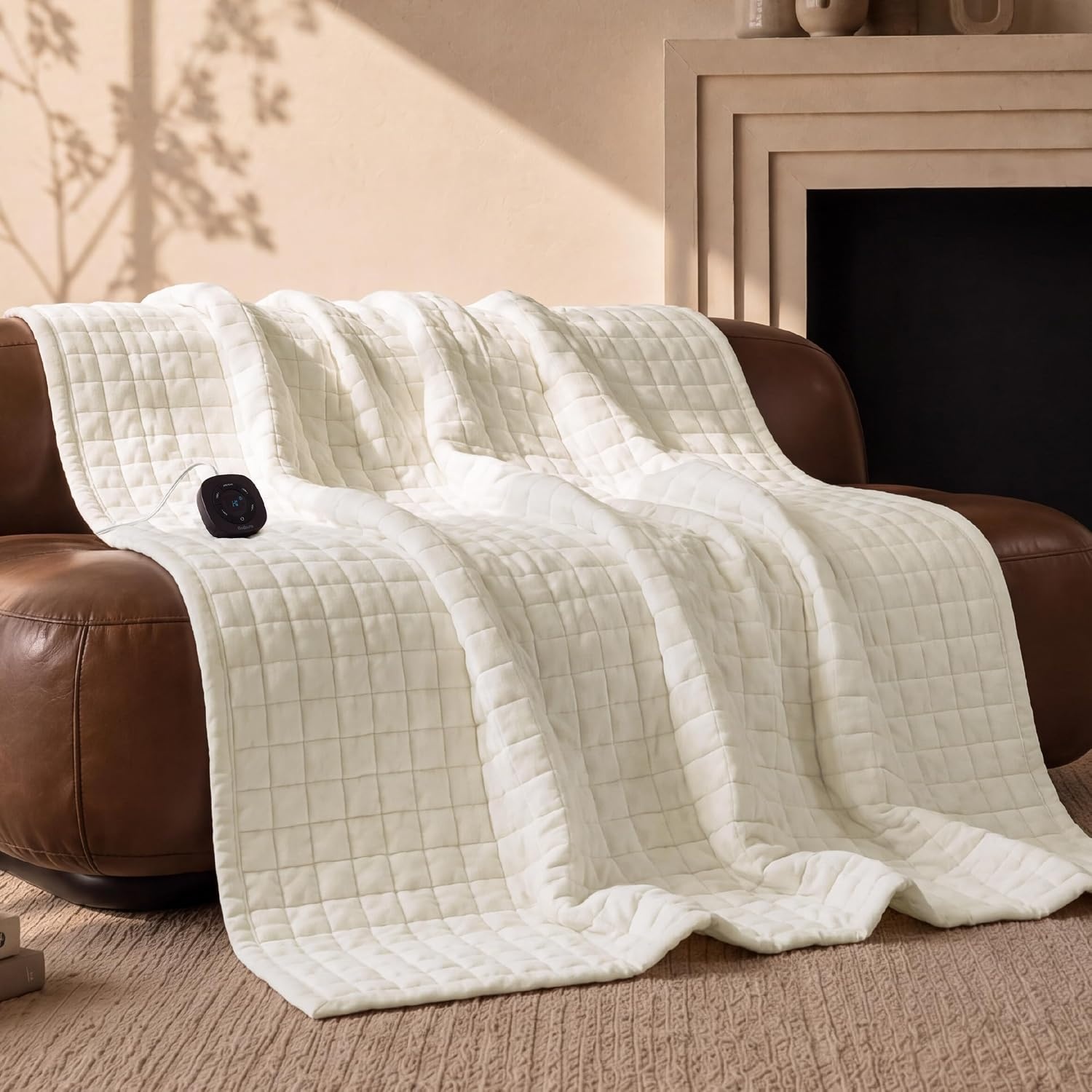 image:imageBedsure Quilted Heated Blanket Queen Size Filled for Extra Warmth Taupe01 Ivory Square