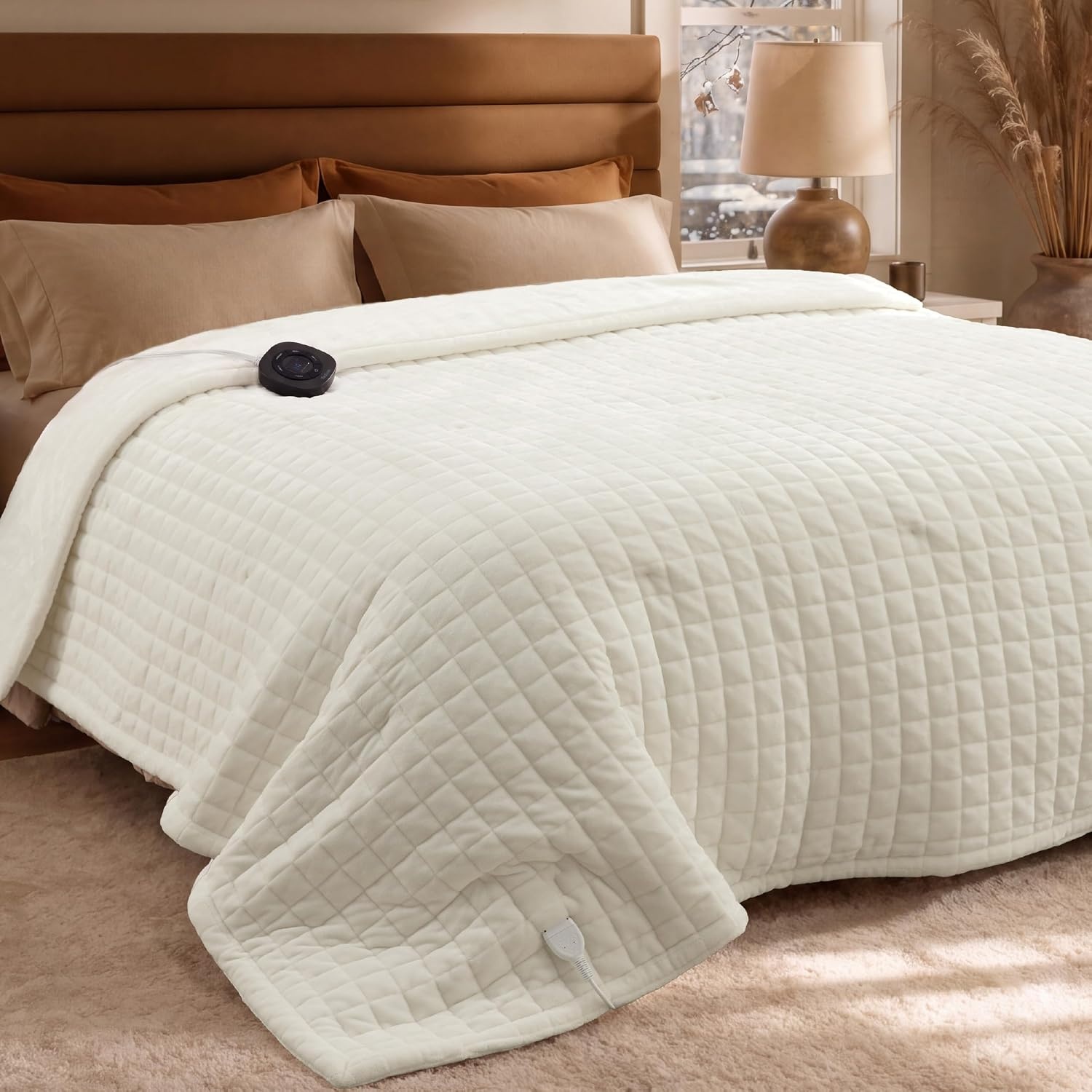 image:imageBedsure Quilted Heated Blanket Queen Size Filled for Extra Warmth Taupe01 Ivory Square