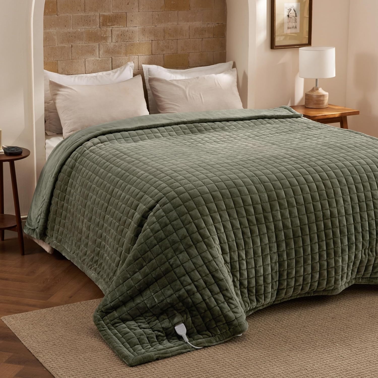image:imageBedsure Quilted Heated Blanket Queen Size Filled for Extra Warmth Taupe03 Olive Green Square
