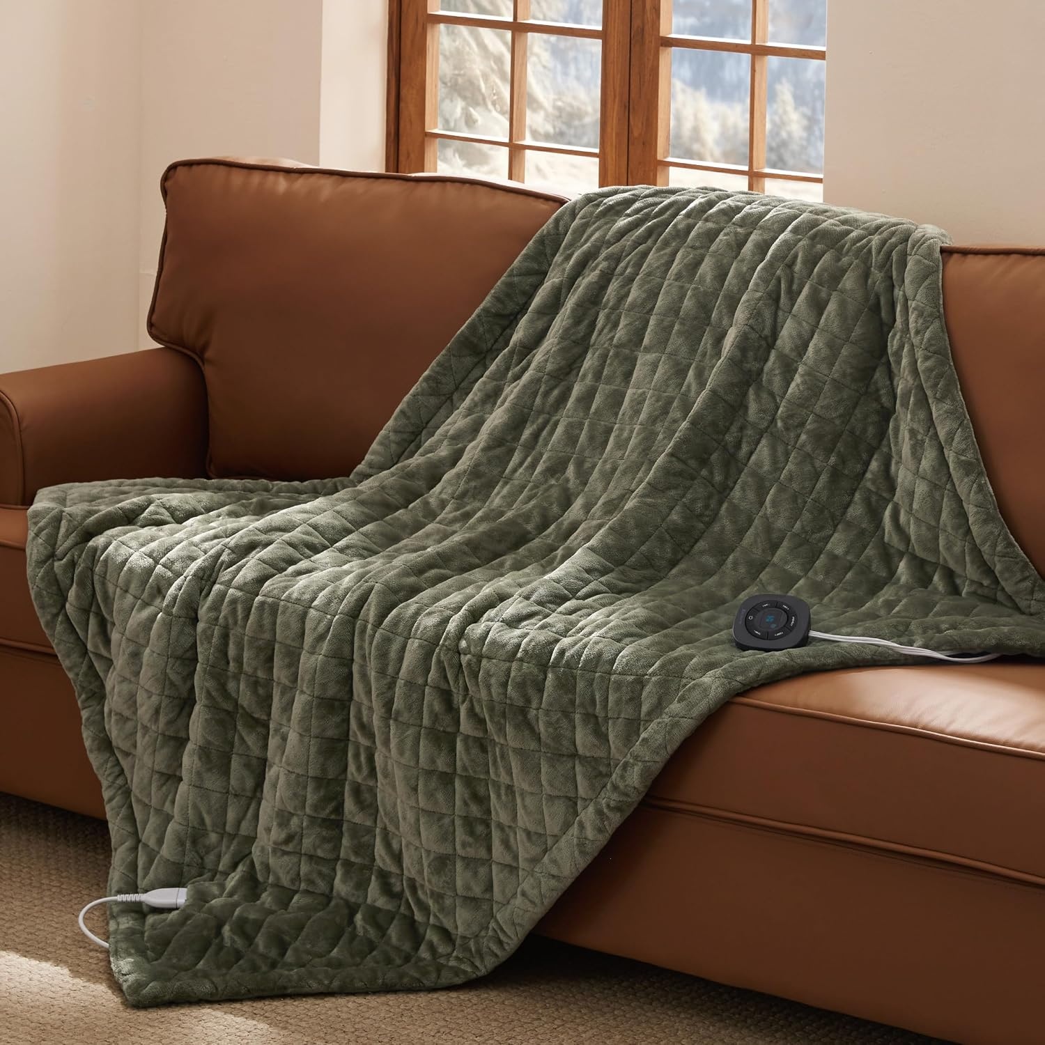 image:imageBedsure Quilted Heated Blanket Queen Size Filled for Extra Warmth Taupe03 Olive Green Square