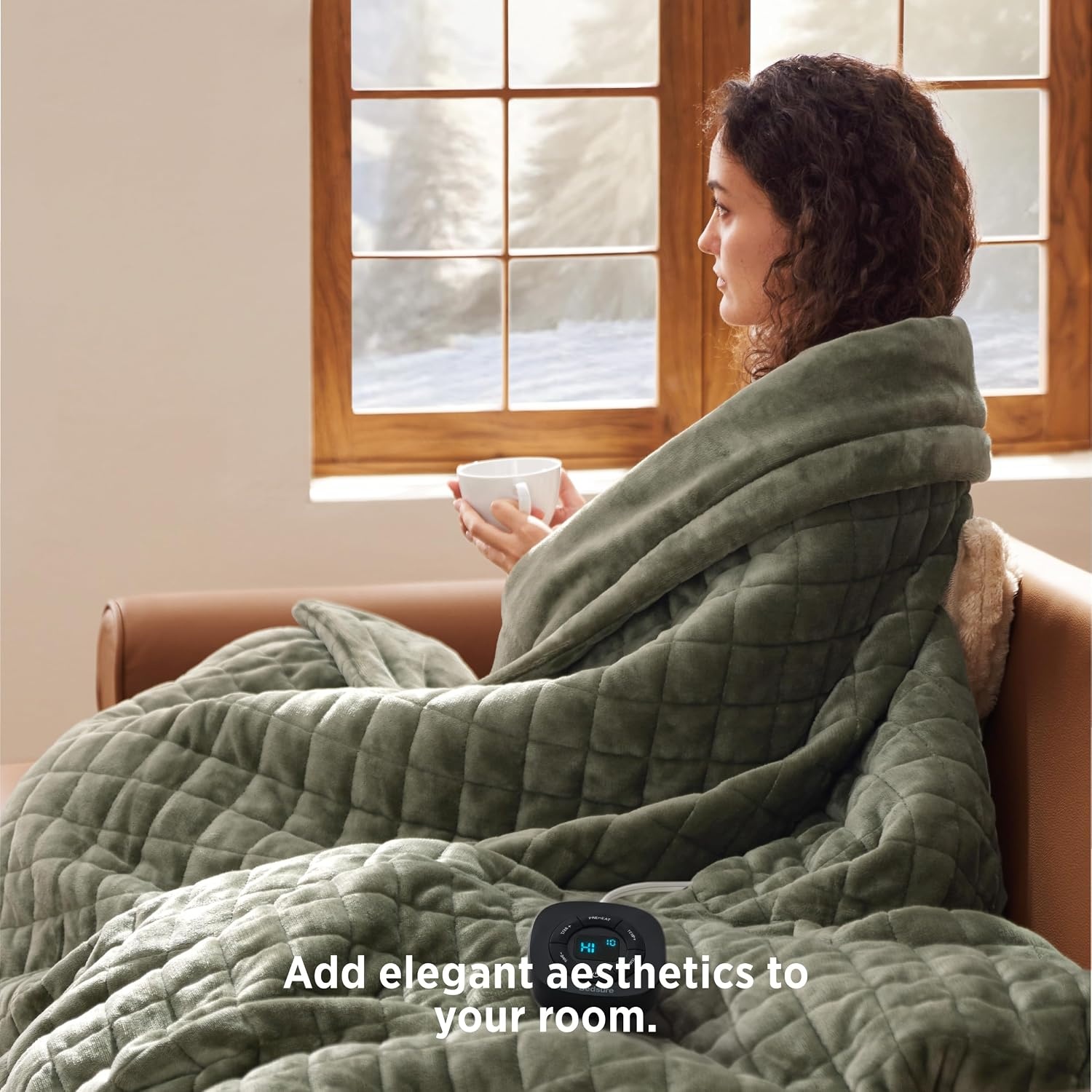 image:imageBedsure Quilted Heated Blanket Queen Size Filled for Extra Warmth Taupe03 Olive Green Square
