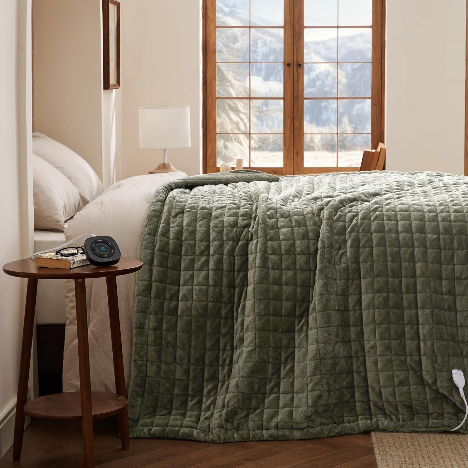 image:imageBedsure Quilted Heated Blanket Queen Size Filled for Extra Warmth Taupe03 Olive Green Square