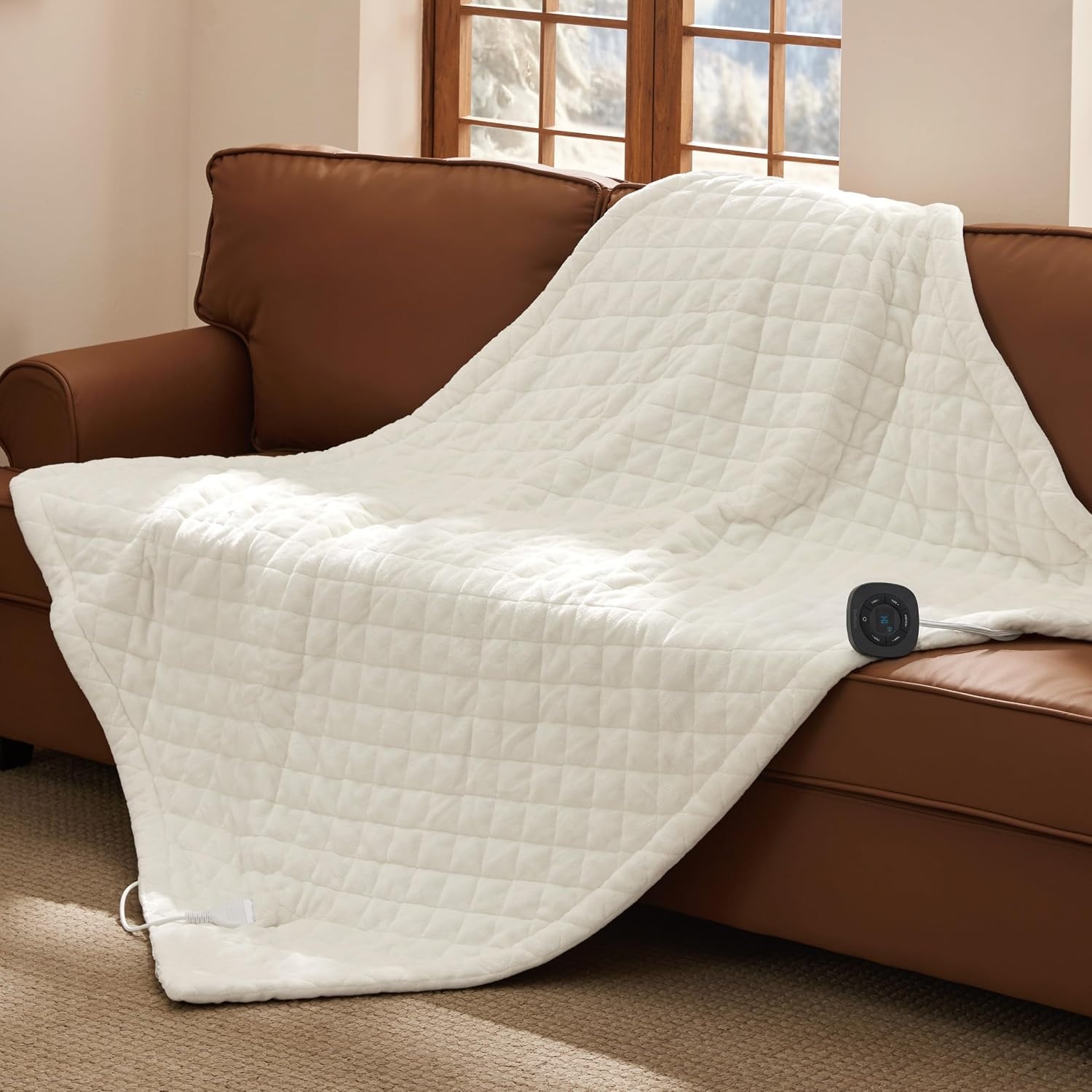 image:imageBedsure Quilted Heated Blanket Queen Size Filled for Extra Warmth Taupe07 Ivory Diamond