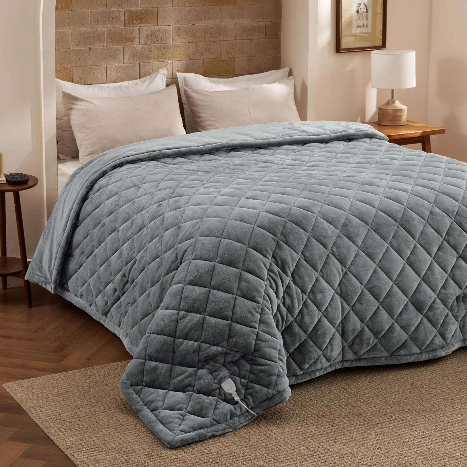 image:imageBedsure Quilted Heated Blanket Queen Size Filled for Extra Warmth Taupe08 Formal Gray Diamond