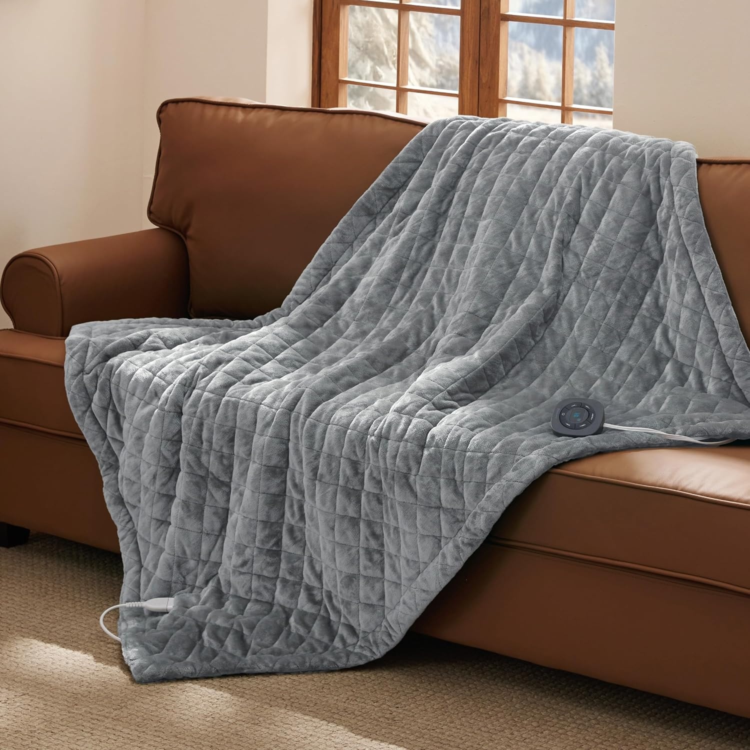 image:imageBedsure Quilted Heated Blanket Queen Size Filled for Extra Warmth Taupe08 Formal Gray Diamond
