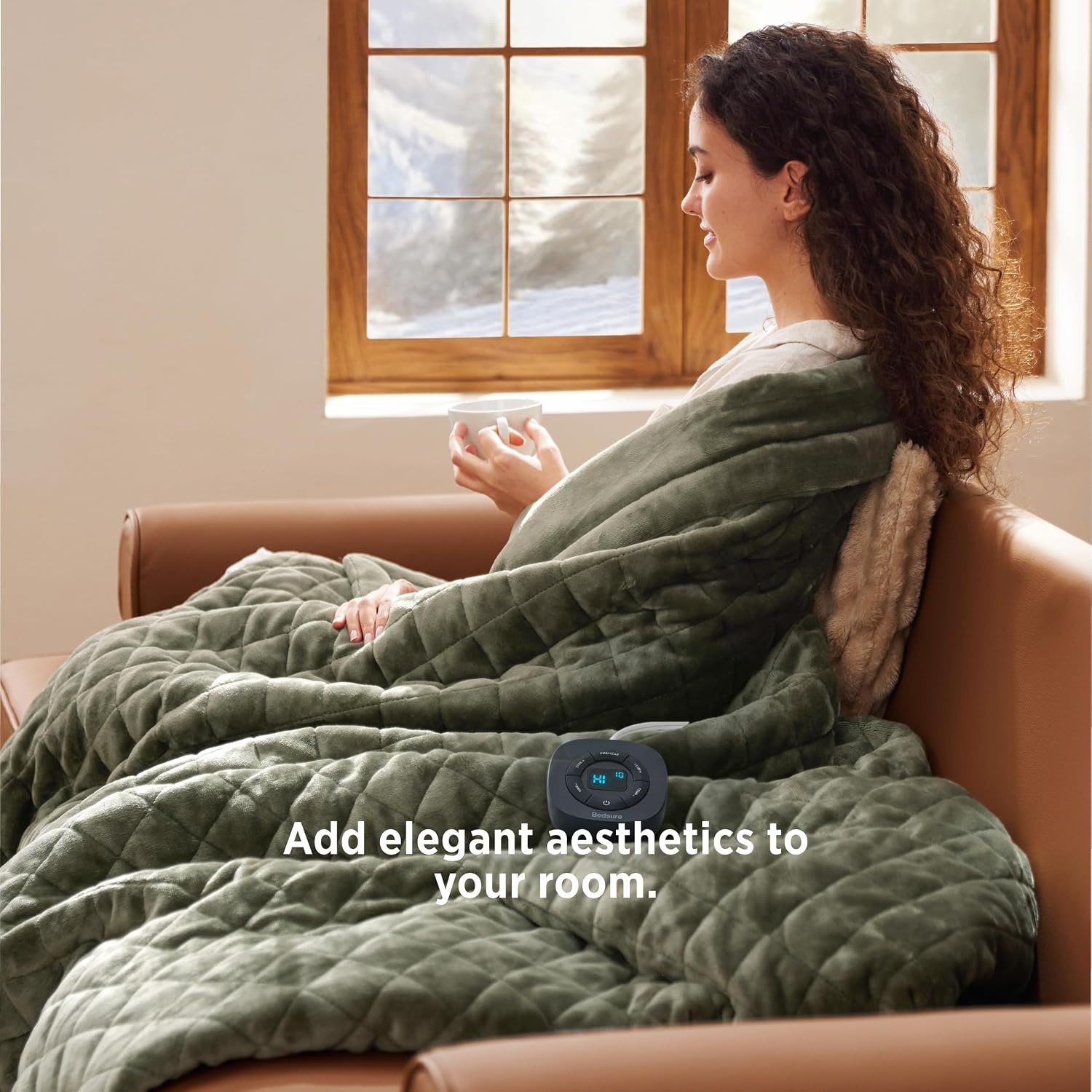 image:imageBedsure Quilted Heated Blanket Queen Size Filled for Extra Warmth Taupe09 Olive Green Diamond