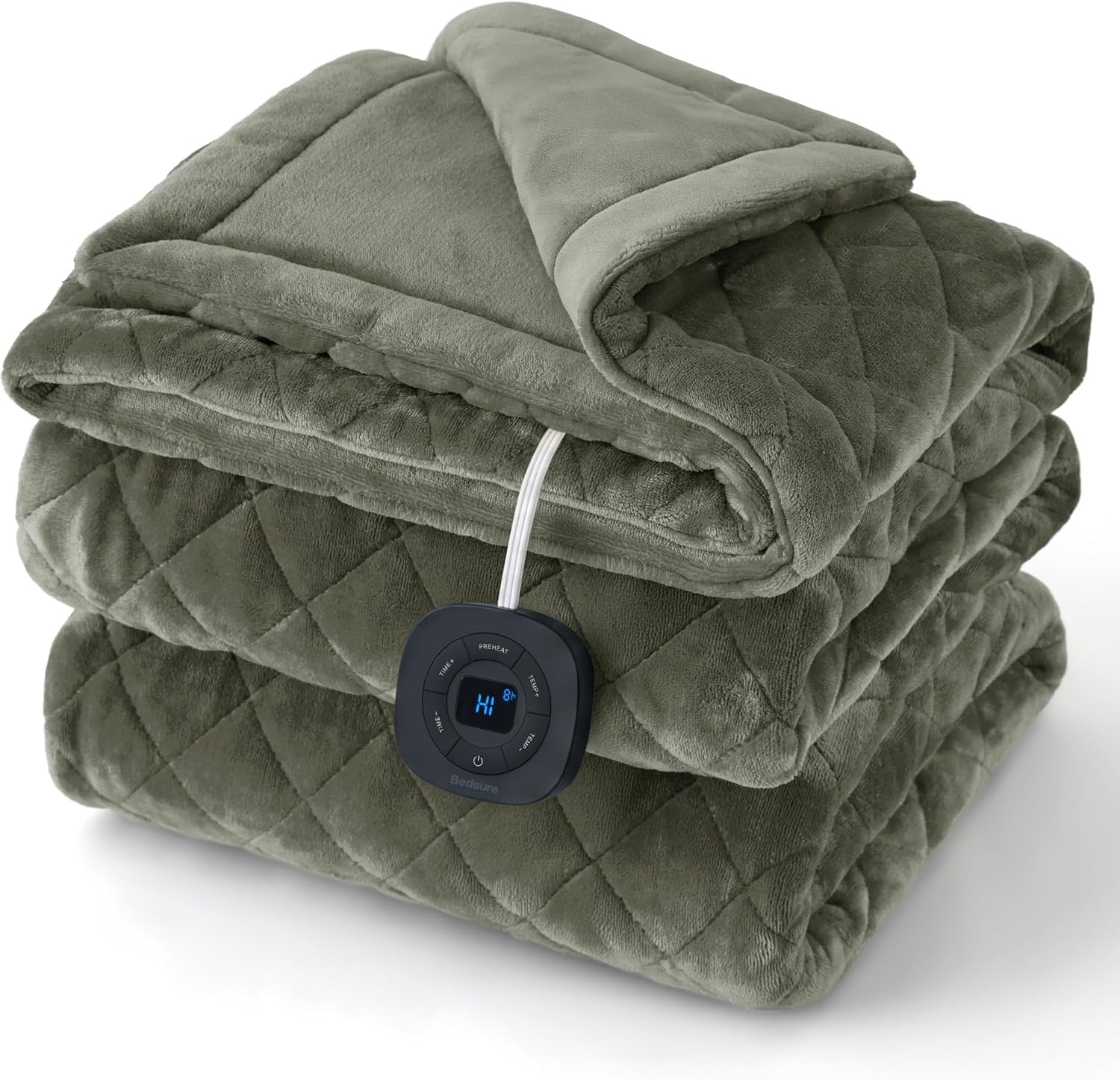 image:imageBedsure Quilted Heated Blanket Queen Size Filled for Extra Warmth Taupe09 Olive Green Diamond