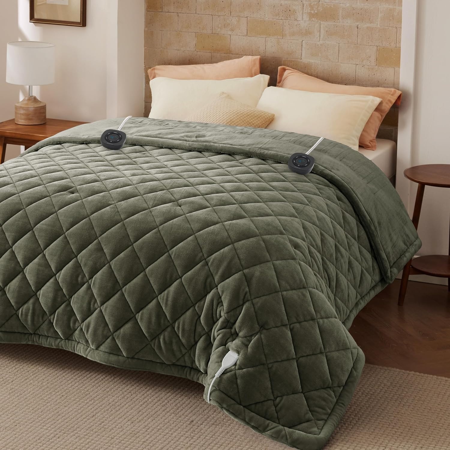 image:imageBedsure Quilted Heated Blanket Queen Size Filled for Extra Warmth Taupe09 Olive Green Diamond