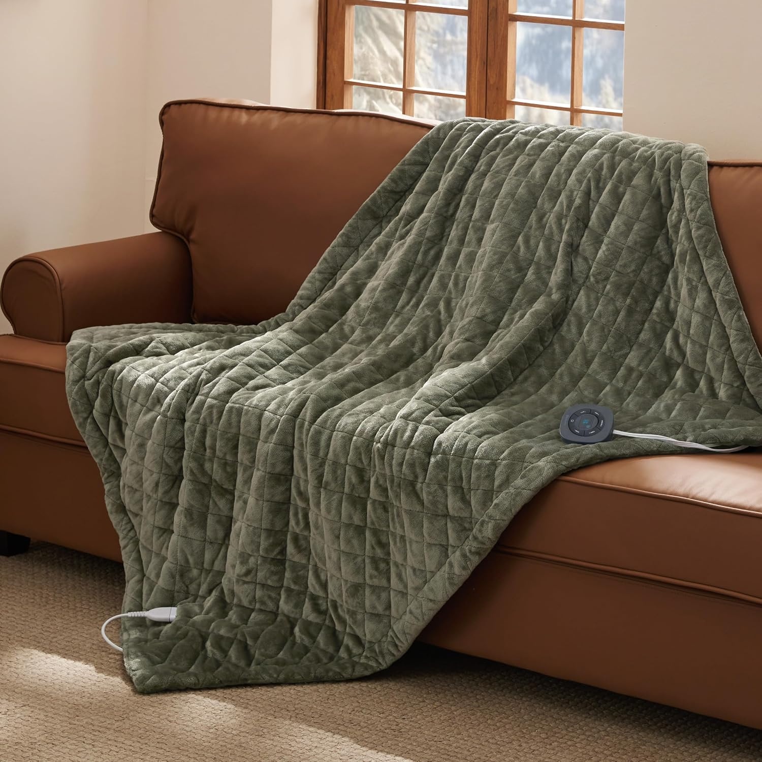 image:imageBedsure Quilted Heated Blanket Queen Size Filled for Extra Warmth Taupe09 Olive Green Diamond