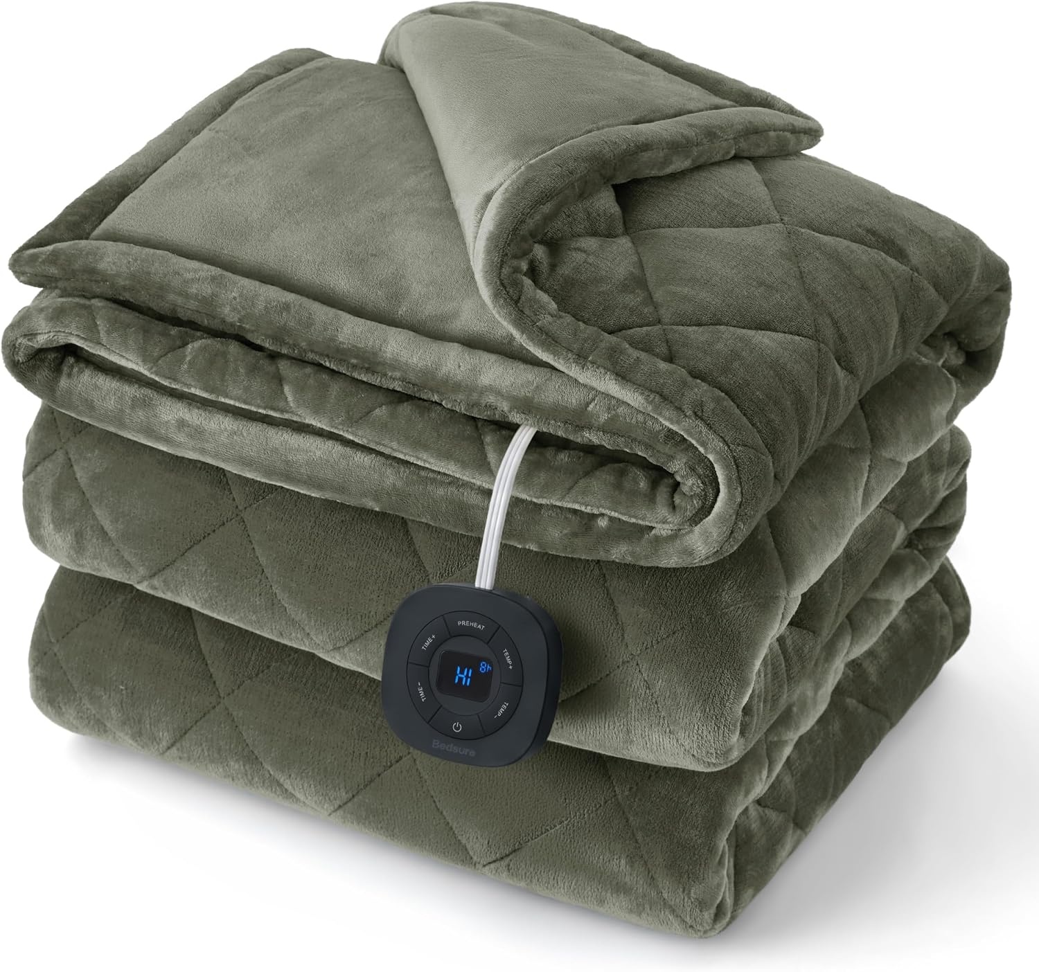 image:imageBedsure Quilted Heated Blanket Queen Size Filled for Extra Warmth Taupe09 Olive Green Diamond