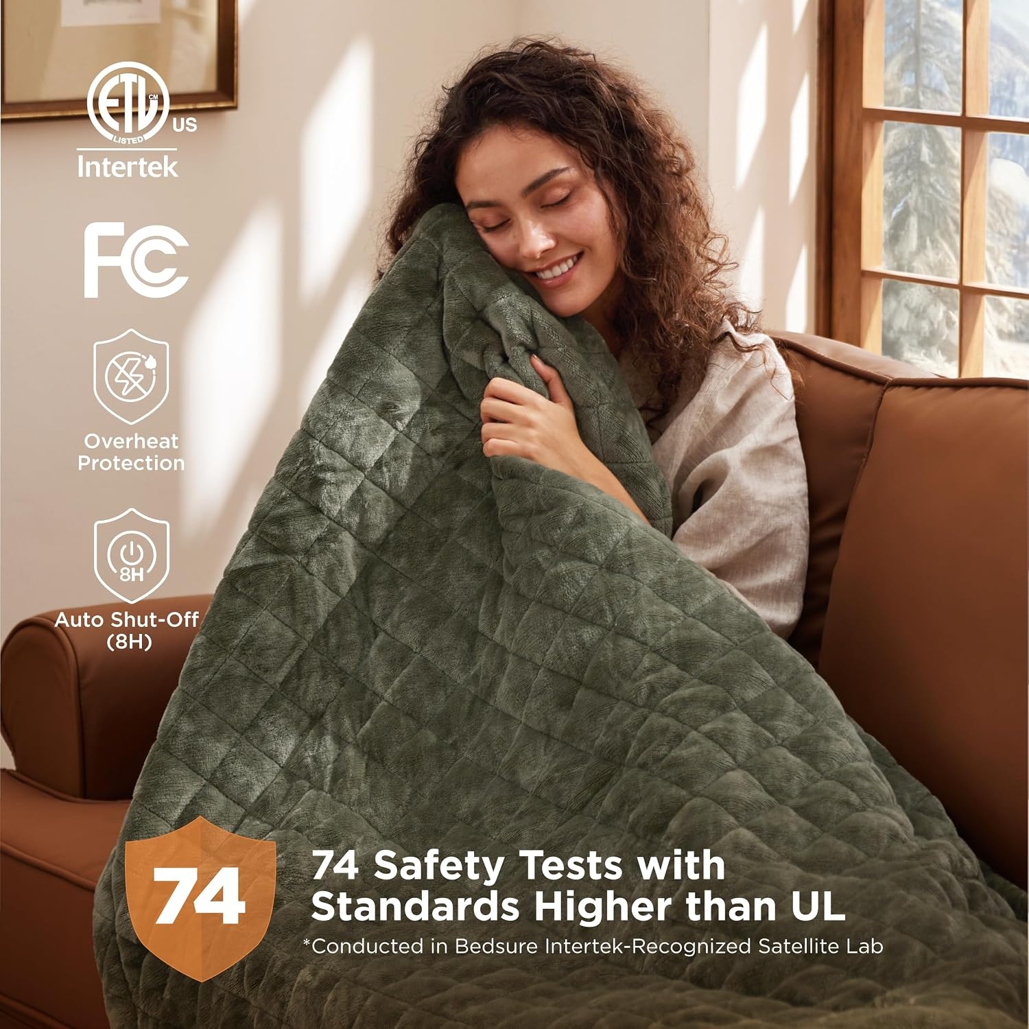 image:imageBedsure Quilted Heated Blanket Queen Size Filled for Extra Warmth Taupe09 Olive Green Diamond