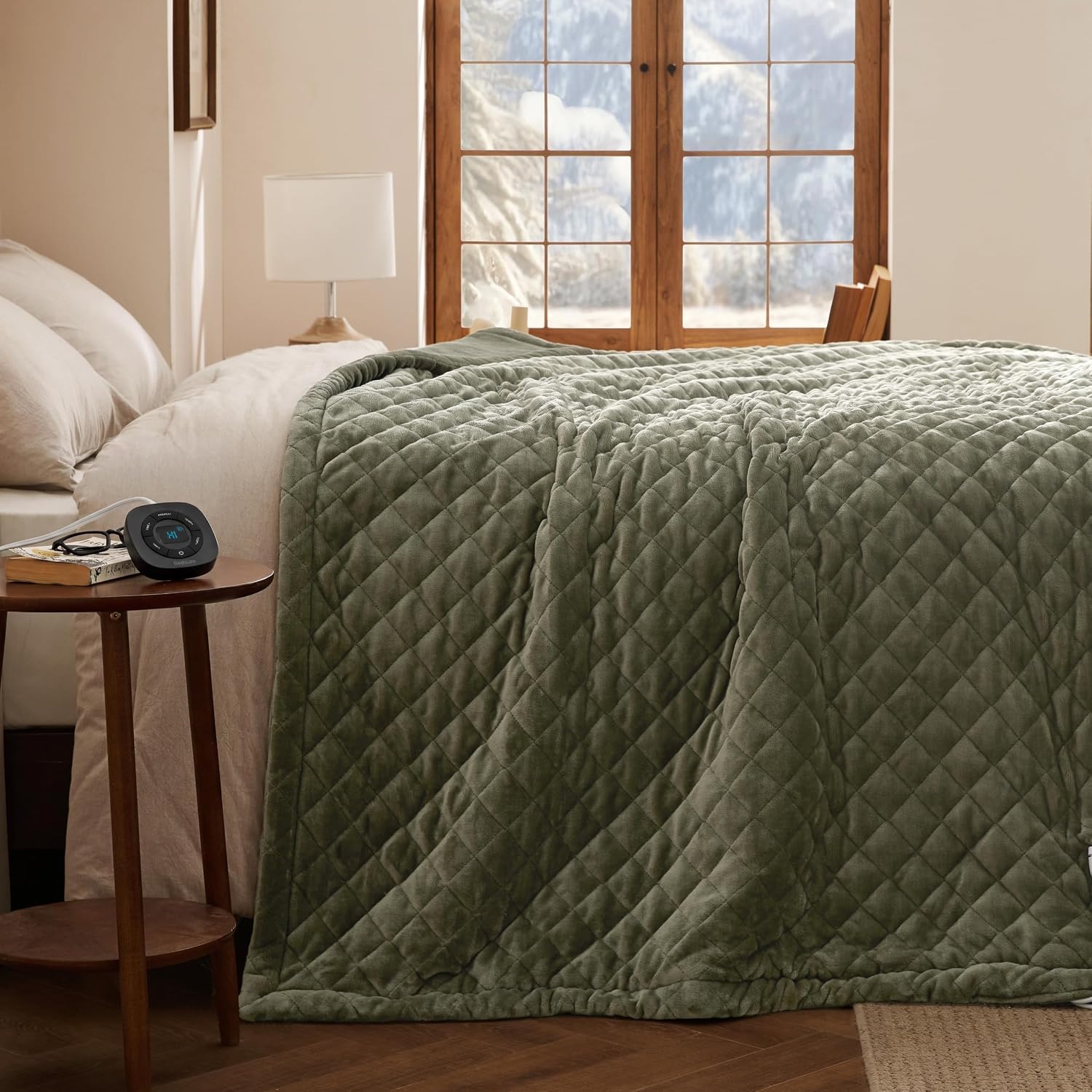 image:imageBedsure Quilted Heated Blanket Queen Size Filled for Extra Warmth Taupe09 Olive Green Diamond