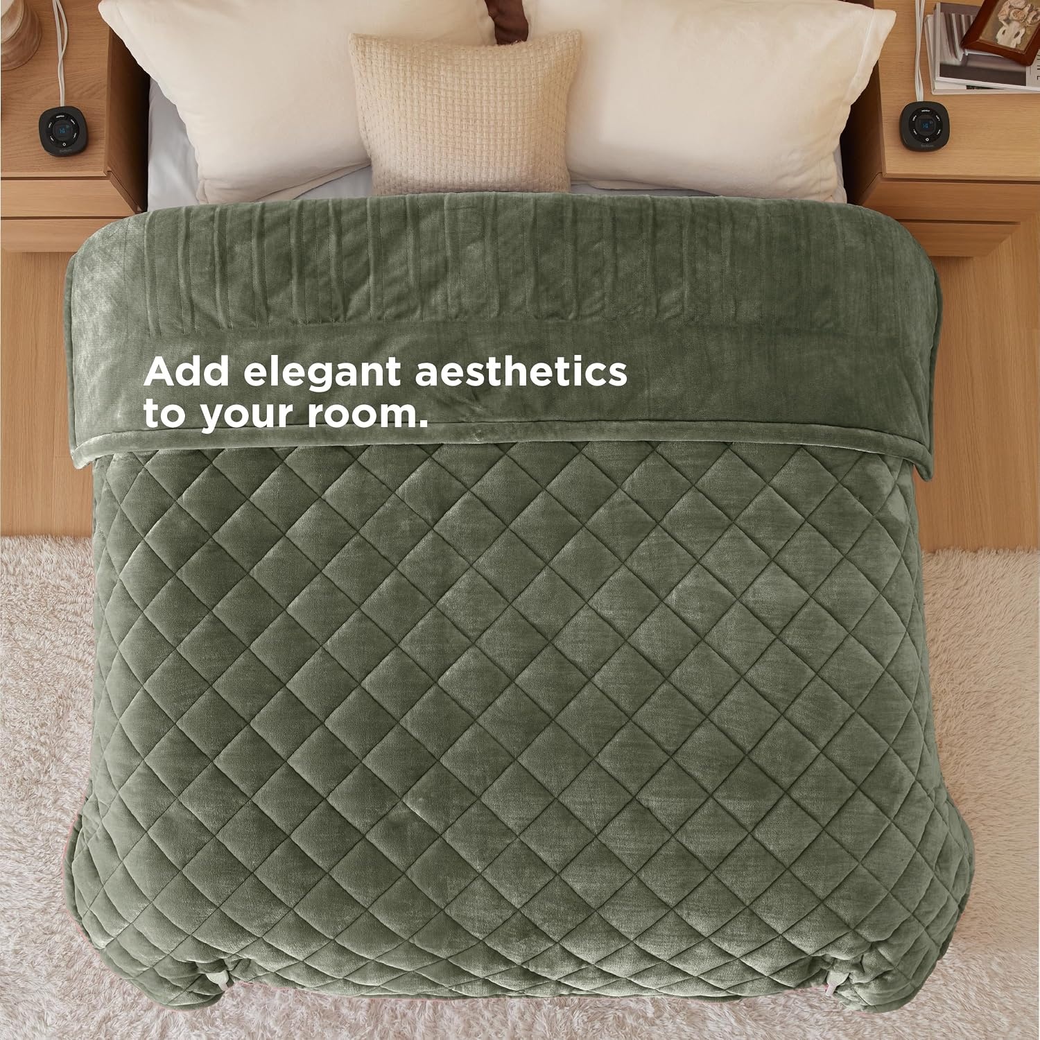 image:imageBedsure Quilted Heated Blanket Queen Size Filled for Extra Warmth Taupe09 Olive Green Diamond