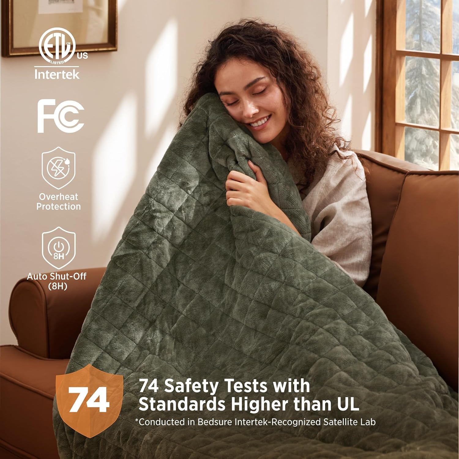 image:imageBedsure Quilted Heated Blanket Queen Size Filled for Extra Warmth Taupe09 Olive Green Diamond
