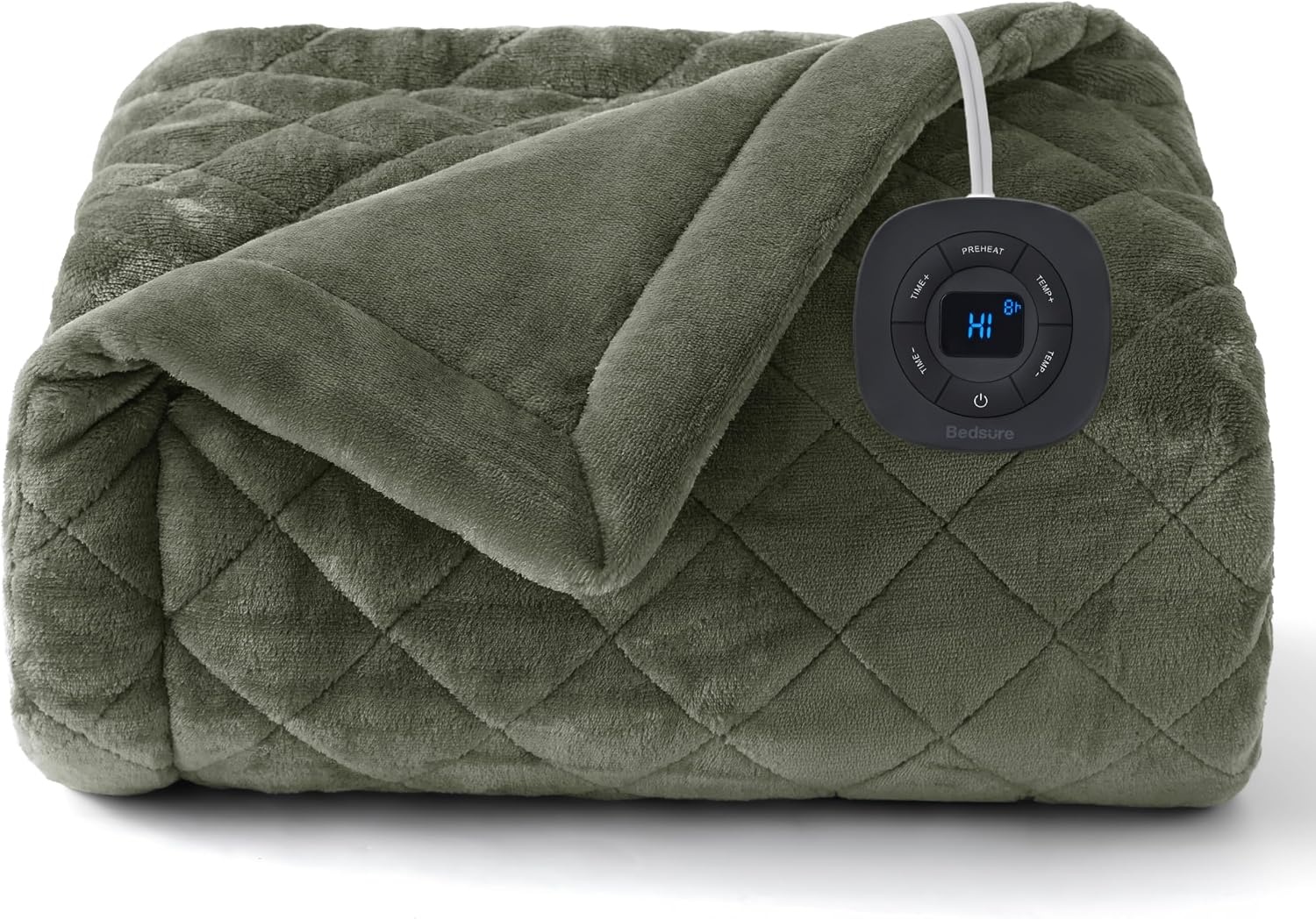 image:imageBedsure Quilted Heated Blanket Queen Size Filled for Extra Warmth Taupe09 Olive Green Diamond