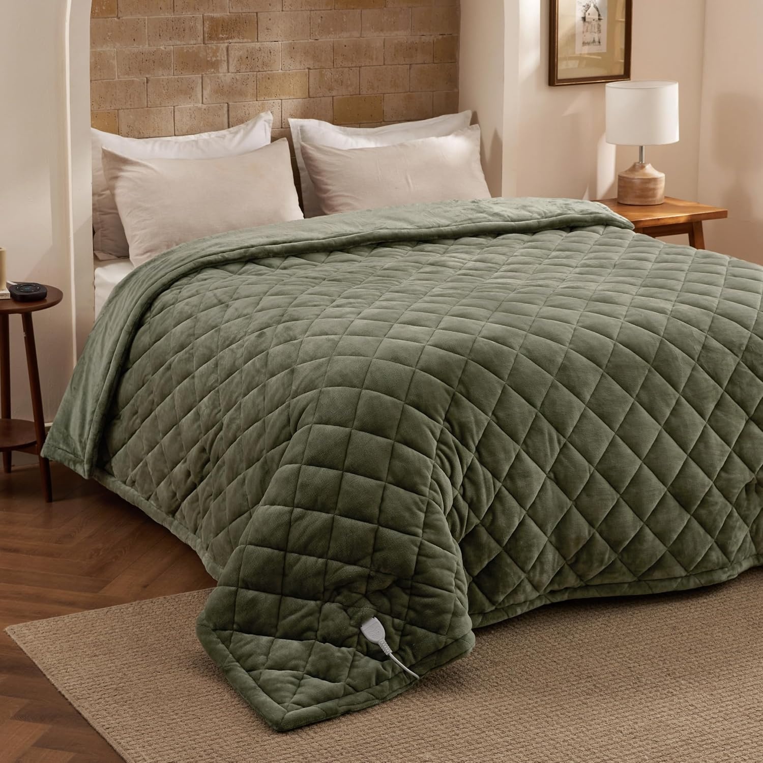 image:imageBedsure Quilted Heated Blanket Queen Size Filled for Extra Warmth Taupe09 Olive Green Diamond