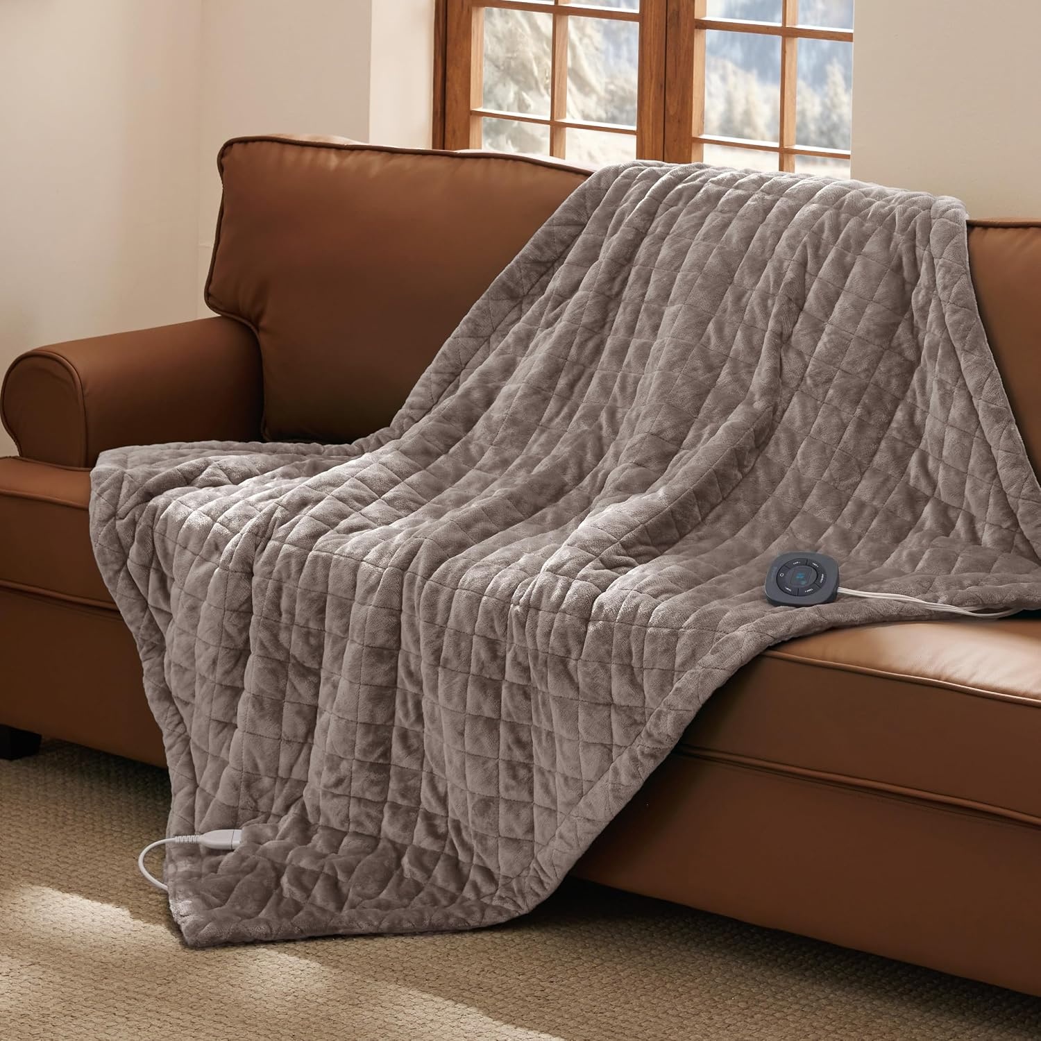 image:imageBedsure Quilted Heated Blanket Queen Size Filled for Extra Warmth Taupe11 Taupe Diamond