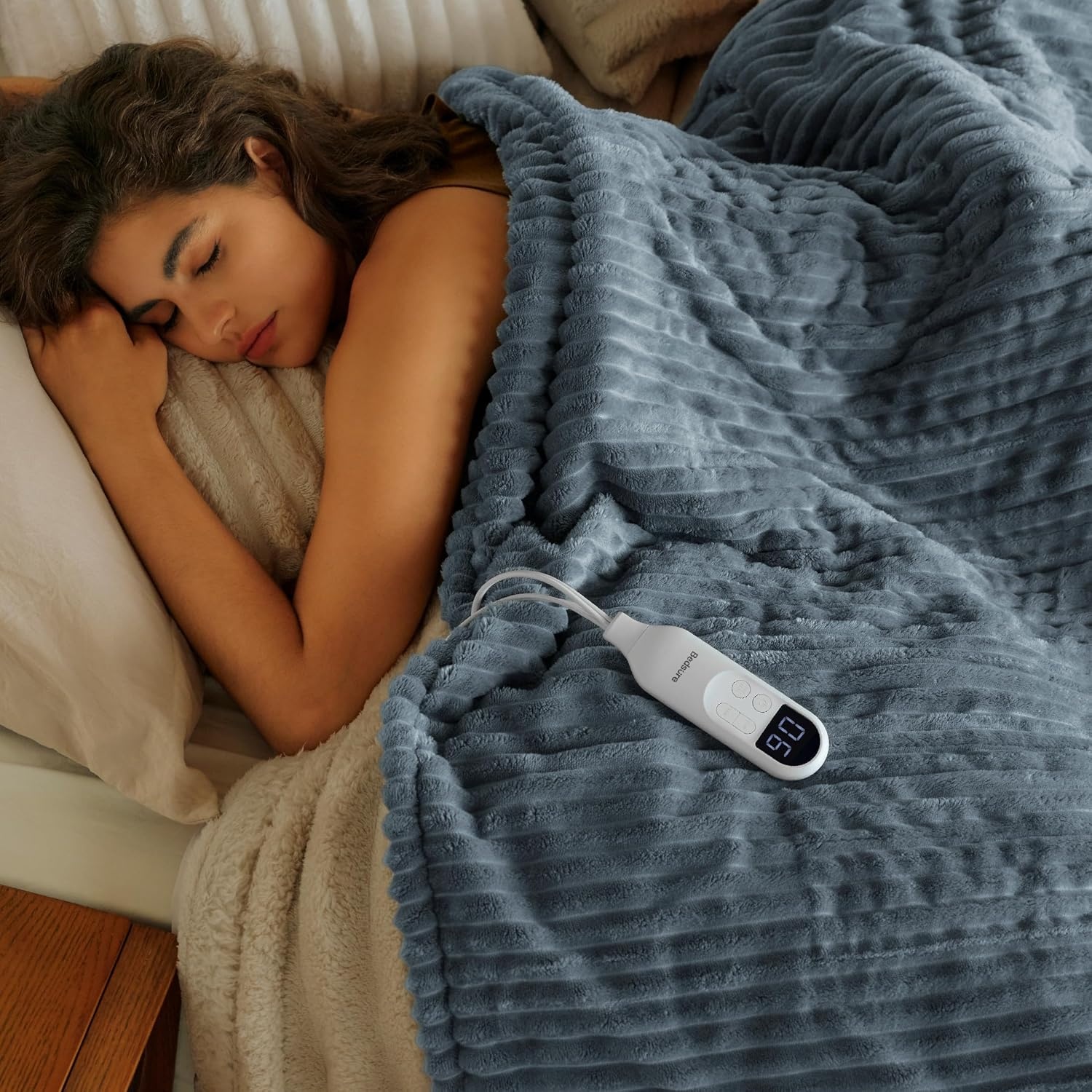 image:imageBedsure Ribbed Electric Blanket Full Navy Heated Blanket Preheat01 Grey