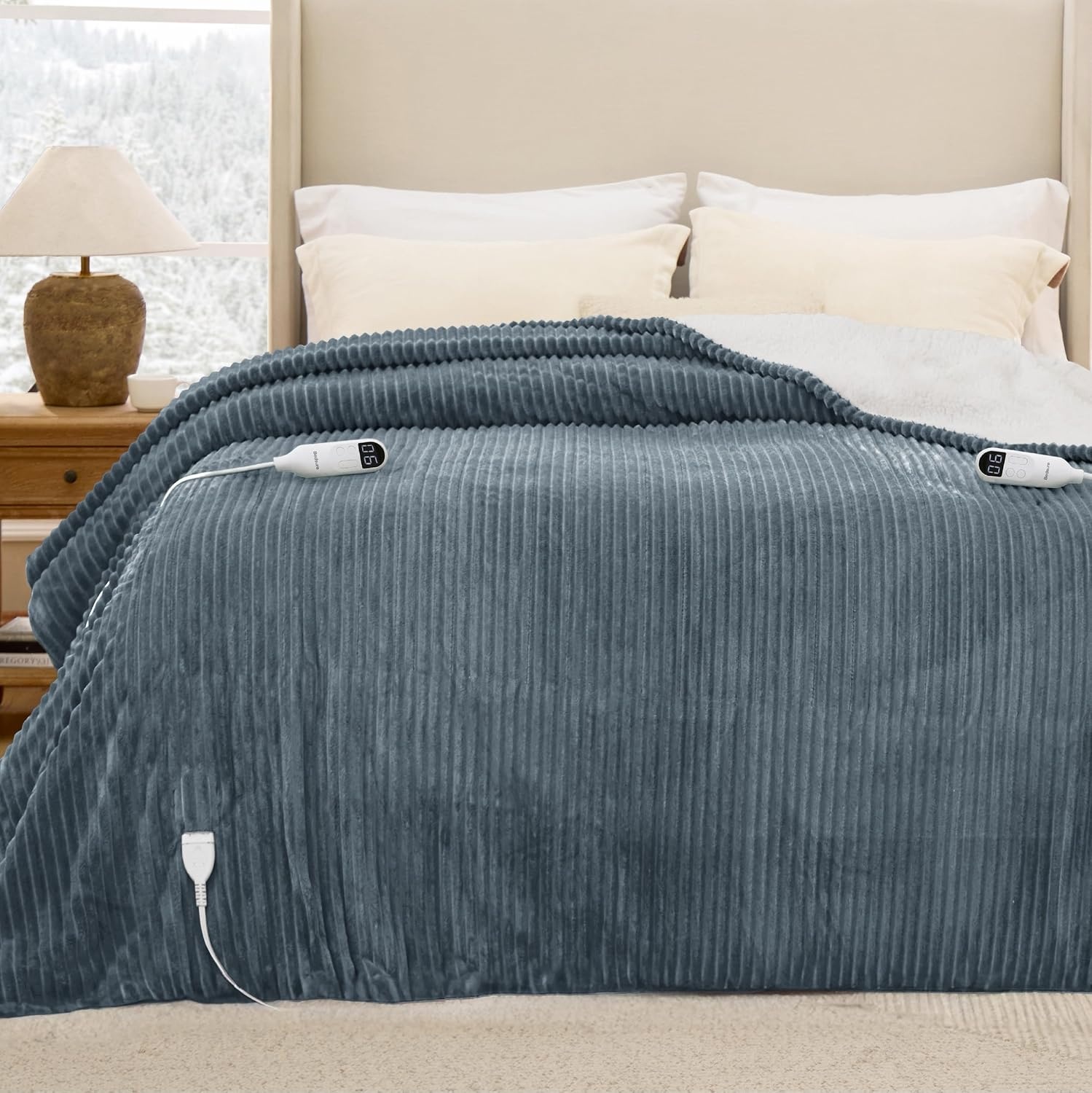 image:imageBedsure Ribbed Electric Blanket Full Navy Heated Blanket Preheat01 Grey