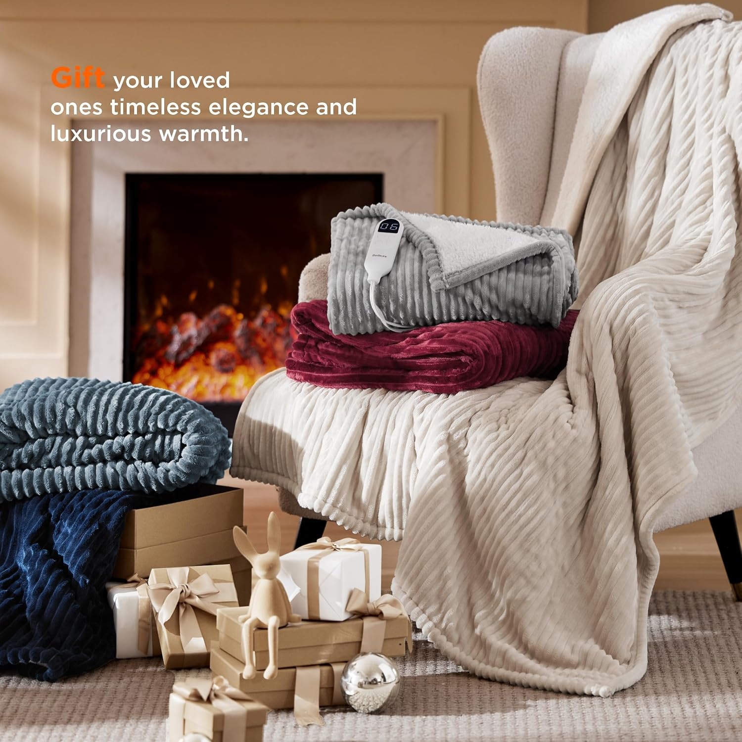 image:imageBedsure Ribbed Electric Blanket Full Navy Heated Blanket Preheat02 Cream