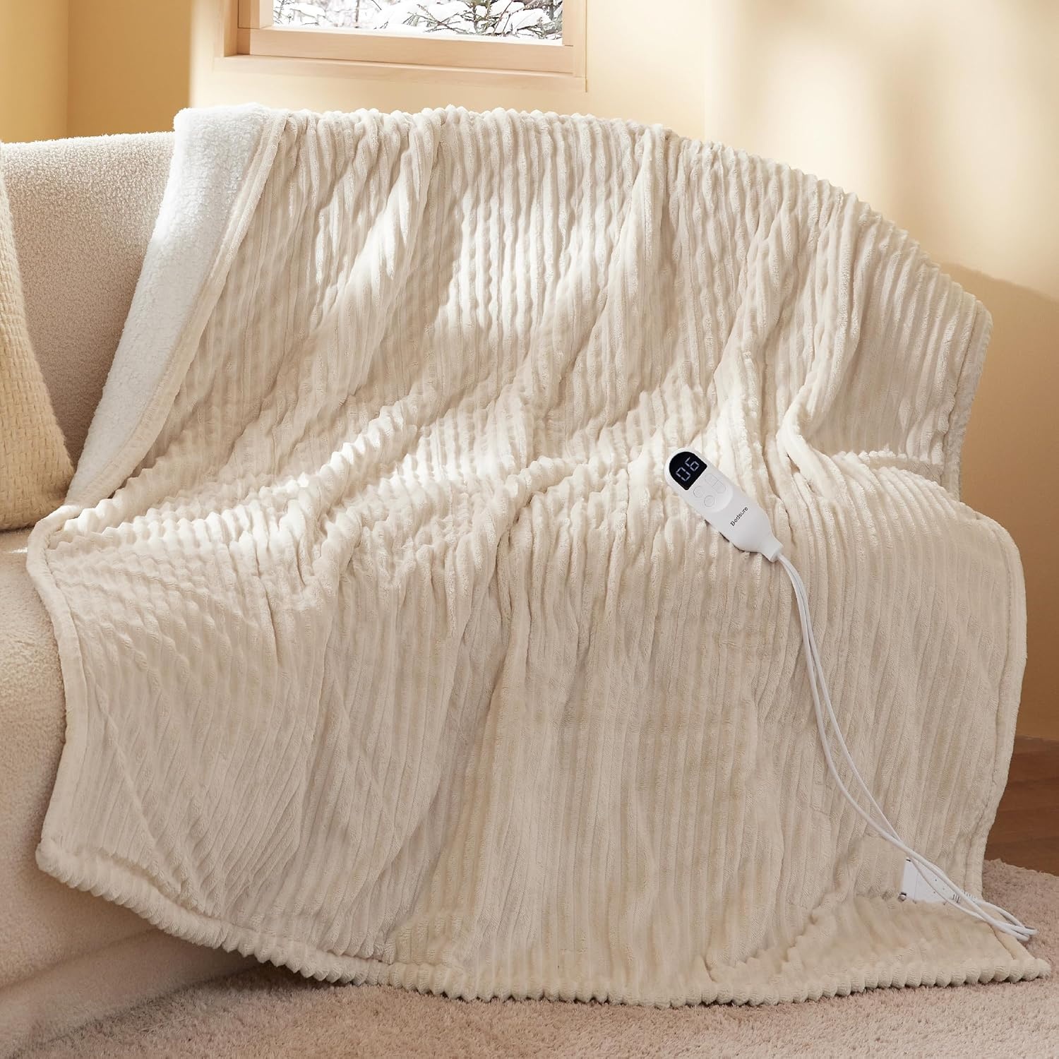 image:imageBedsure Ribbed Electric Blanket Full Navy Heated Blanket Preheat02 Cream