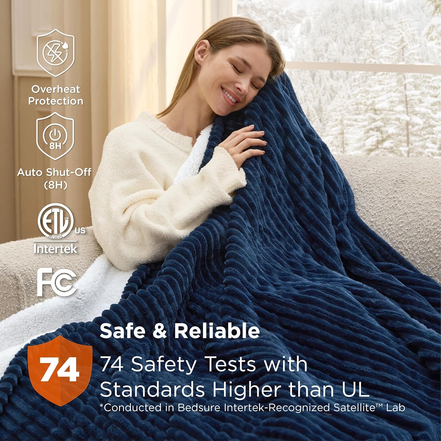 image:imageBedsure Ribbed Electric Blanket Full Navy Heated Blanket Preheat03 Navy