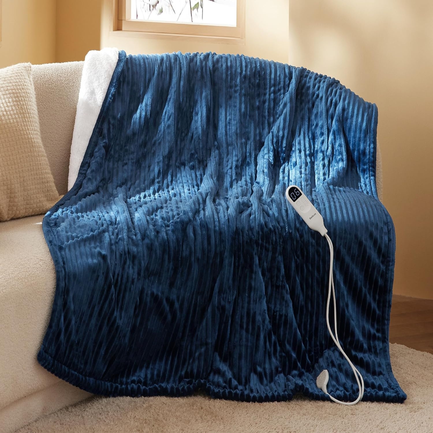 image:imageBedsure Ribbed Electric Blanket Full Navy Heated Blanket Preheat03 Navy