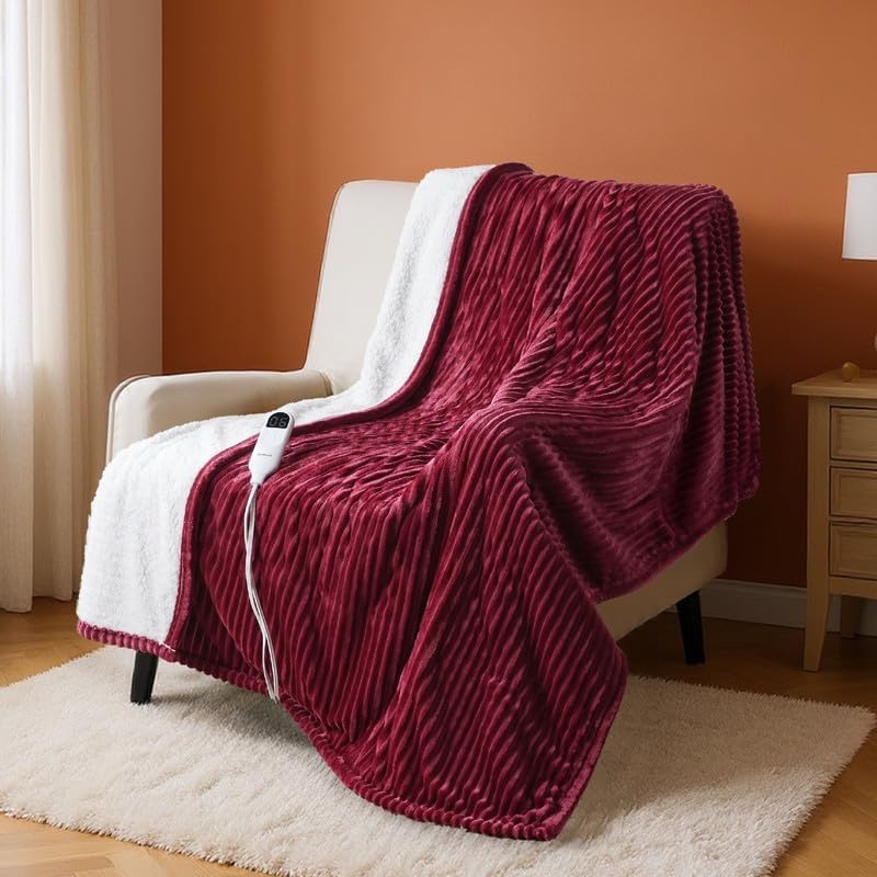 image:imageBedsure Ribbed Electric Blanket Full Navy Heated Blanket Preheat05 Burgundy