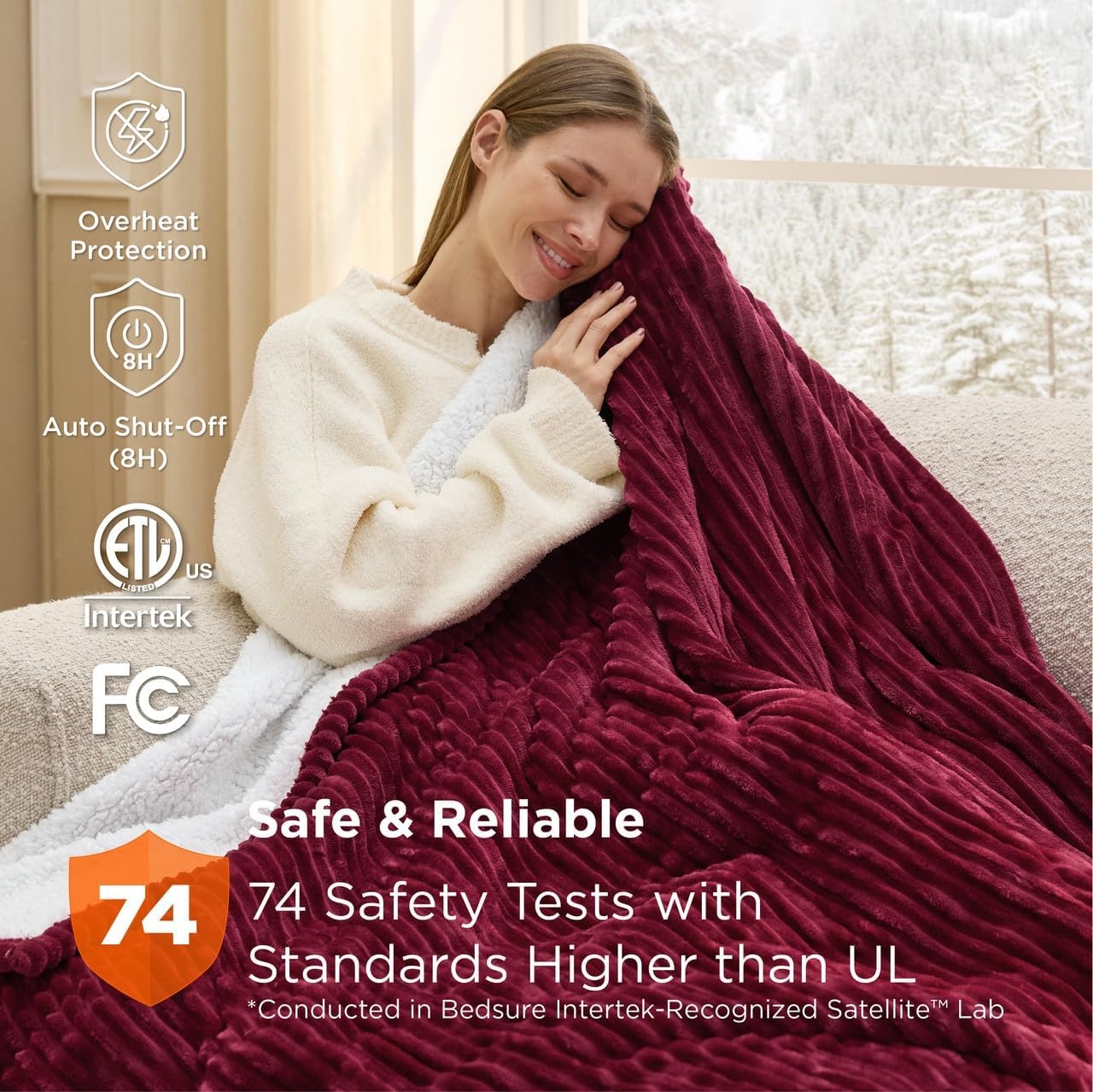 image:imageBedsure Ribbed Electric Blanket Full Navy Heated Blanket Preheat05 Burgundy