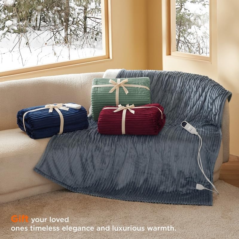 image:imageBedsure Ribbed Electric Blanket Full Navy Heated Blanket Preheat05 Green