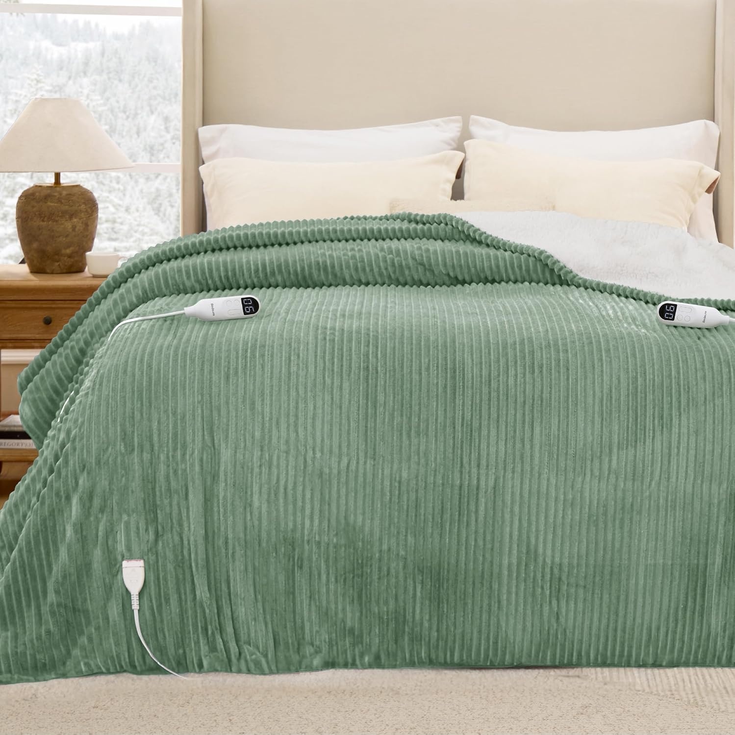 image:imageBedsure Ribbed Electric Blanket Full Navy Heated Blanket Preheat05 Green