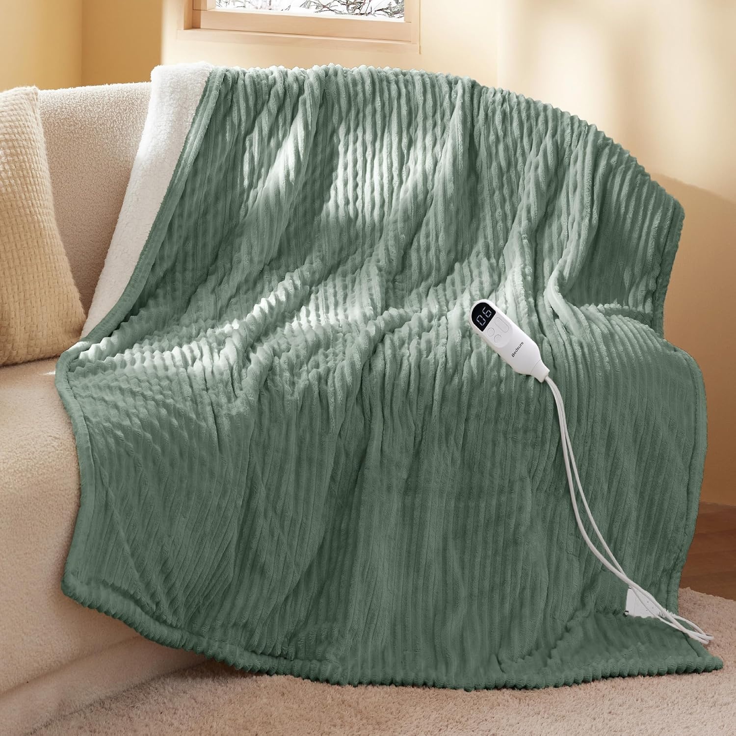 image:imageBedsure Ribbed Electric Blanket Full Navy Heated Blanket Preheat05 Green