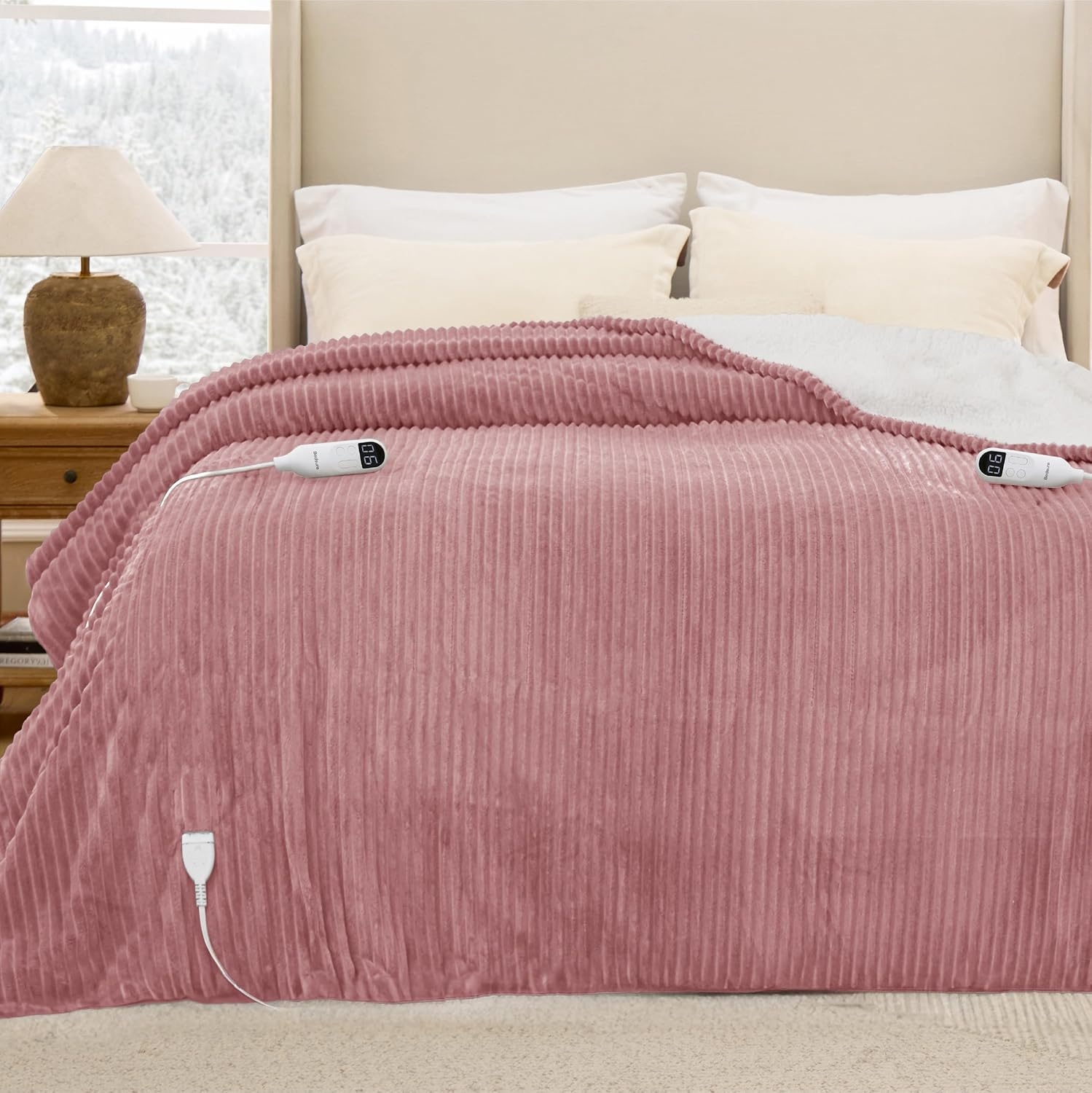 image:imageBedsure Ribbed Electric Blanket Full Navy Heated Blanket Preheat06 Pink