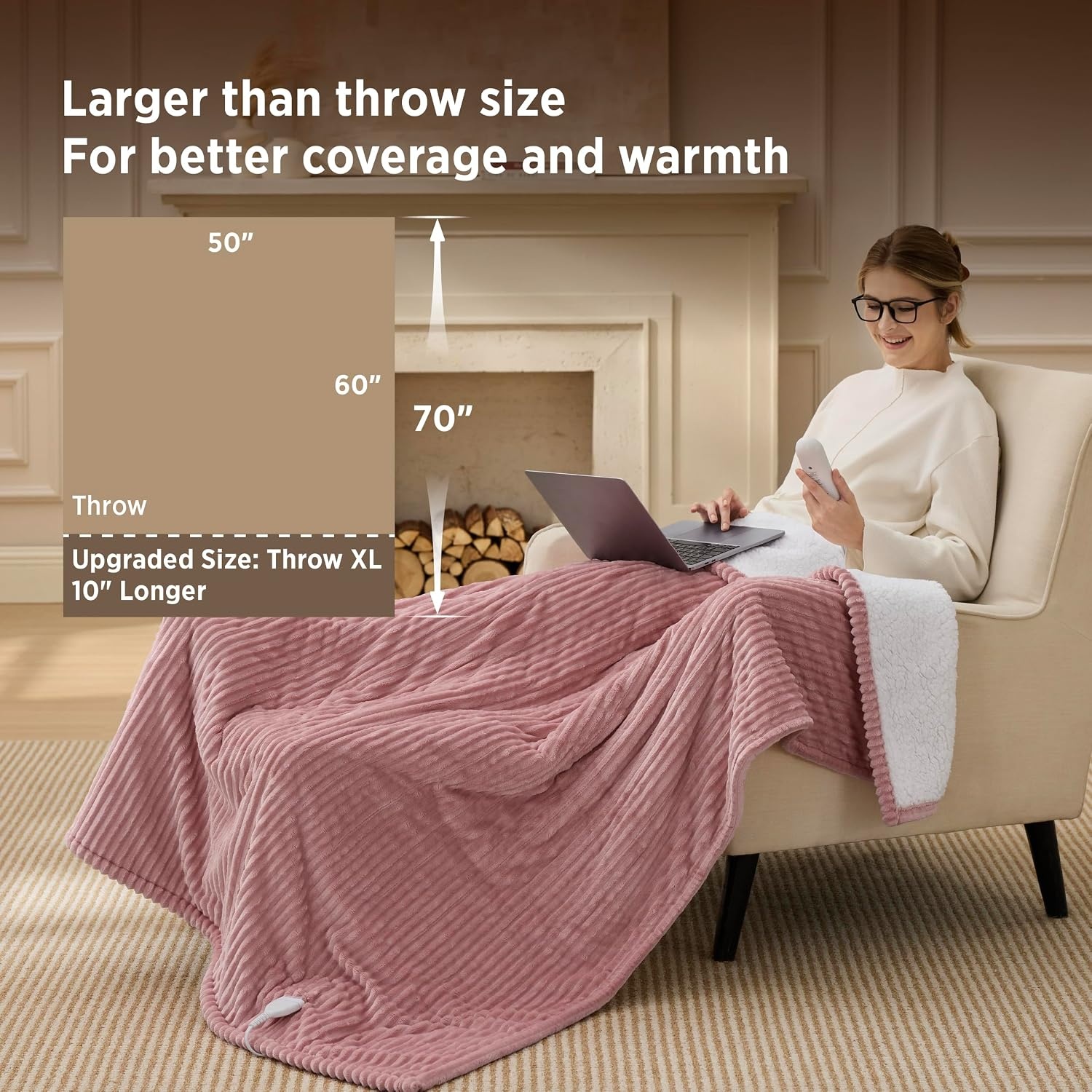 image:imageBedsure Ribbed Electric Blanket Full Navy Heated Blanket Preheat06 Pink