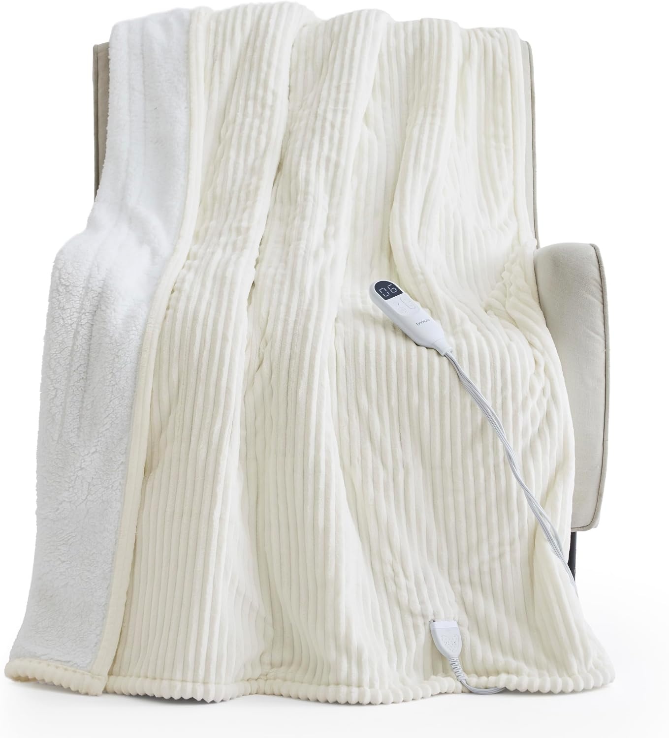 image:imageBedsure Ribbed Electric Blanket Full Navy Heated Blanket Preheat07 Coconut White