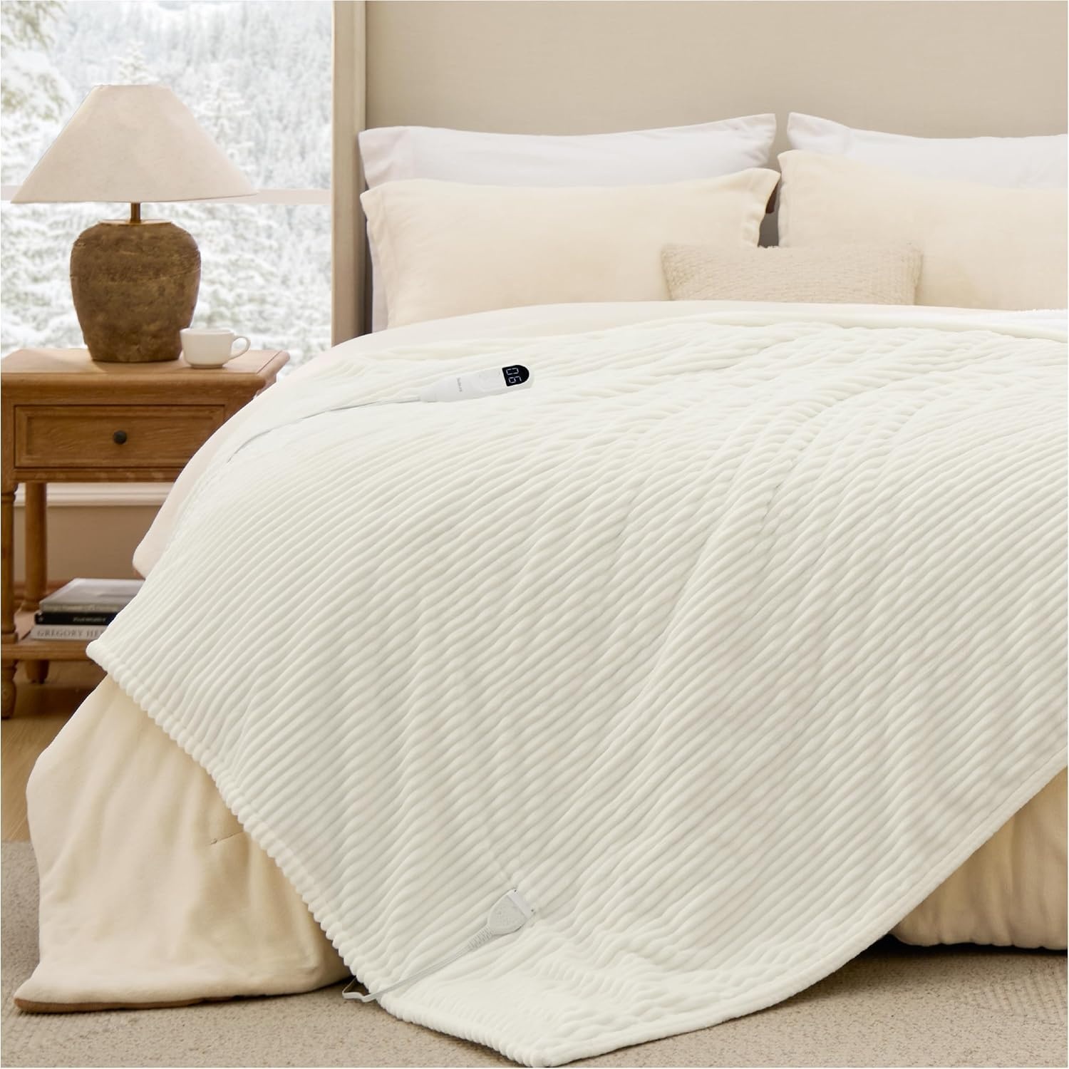 image:imageBedsure Ribbed Electric Blanket Full Navy Heated Blanket Preheat07 Coconut White