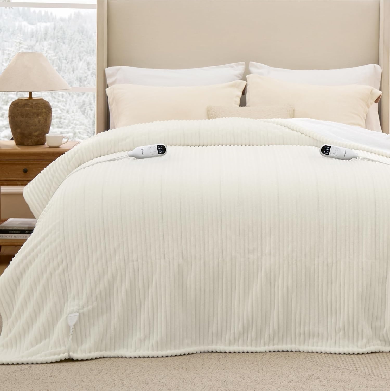 image:imageBedsure Ribbed Electric Blanket Full Navy Heated Blanket Preheat07 Coconut White