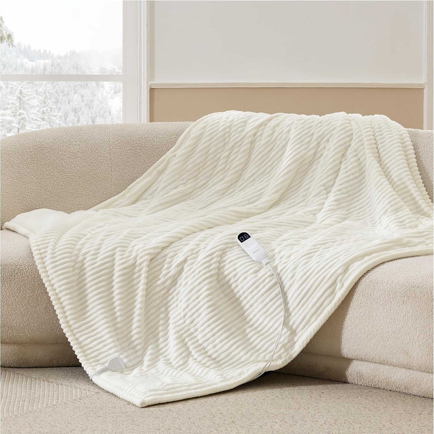 image:imageBedsure Ribbed Electric Blanket Full Navy Heated Blanket Preheat07 Coconut White