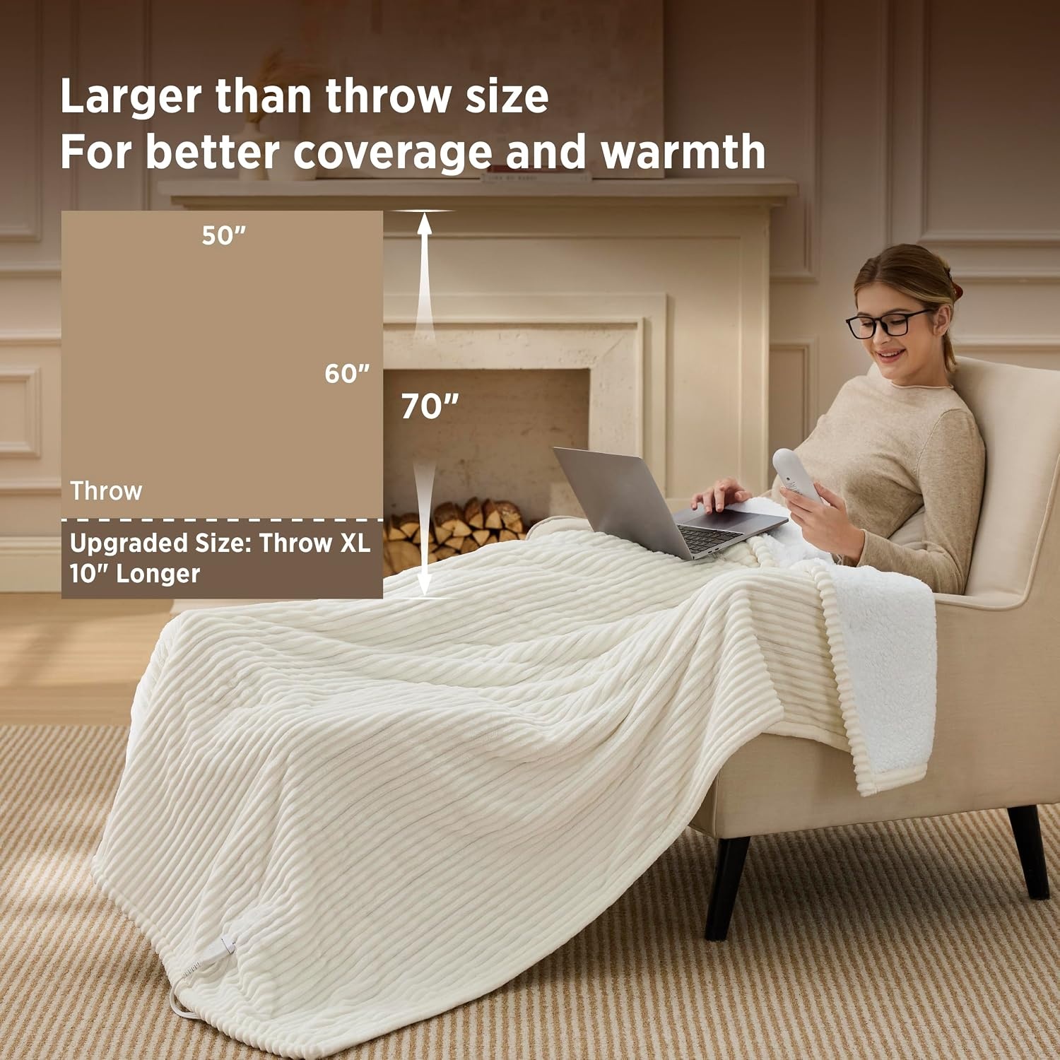 image:imageBedsure Ribbed Electric Blanket Full Navy Heated Blanket Preheat07 Coconut White