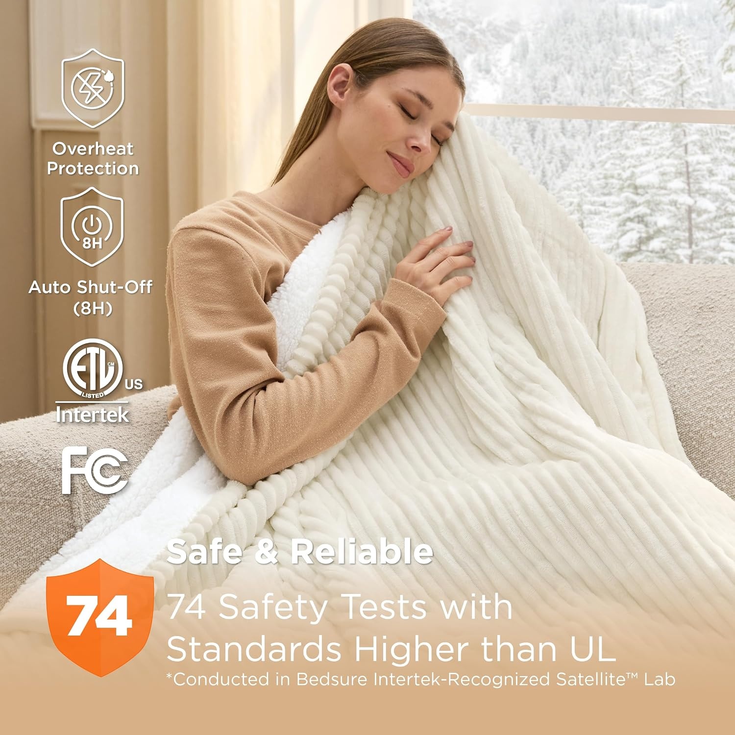 image:imageBedsure Ribbed Electric Blanket Full Navy Heated Blanket Preheat07 Coconut White