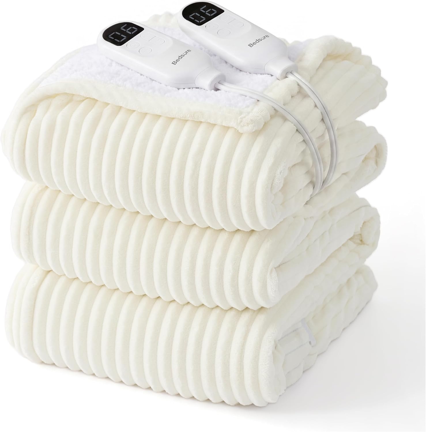 image:imageBedsure Ribbed Electric Blanket Full Navy Heated Blanket Preheat07 Coconut White