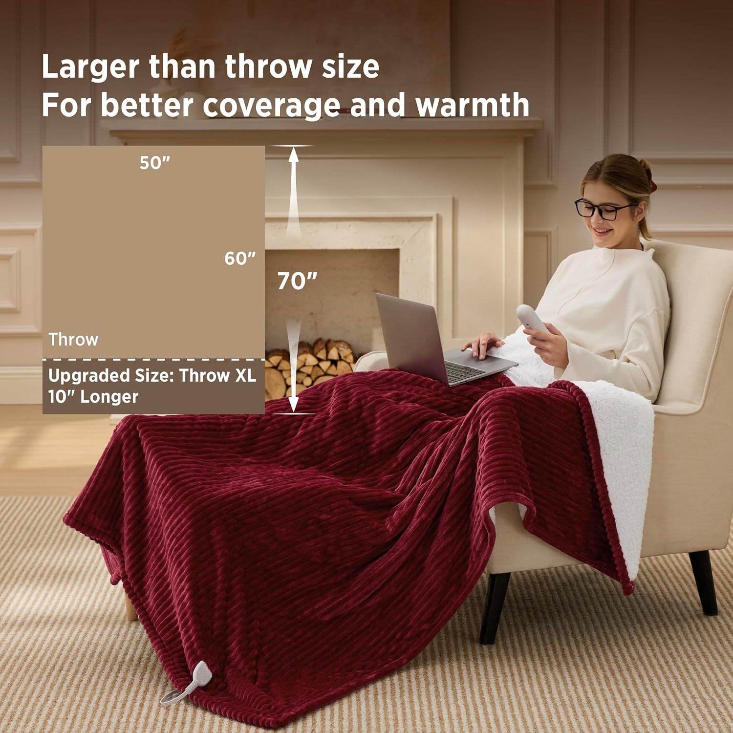 image:imageBedsure Ribbed Electric Blanket Full Navy Heated Blanket Preheat08 Burgundy